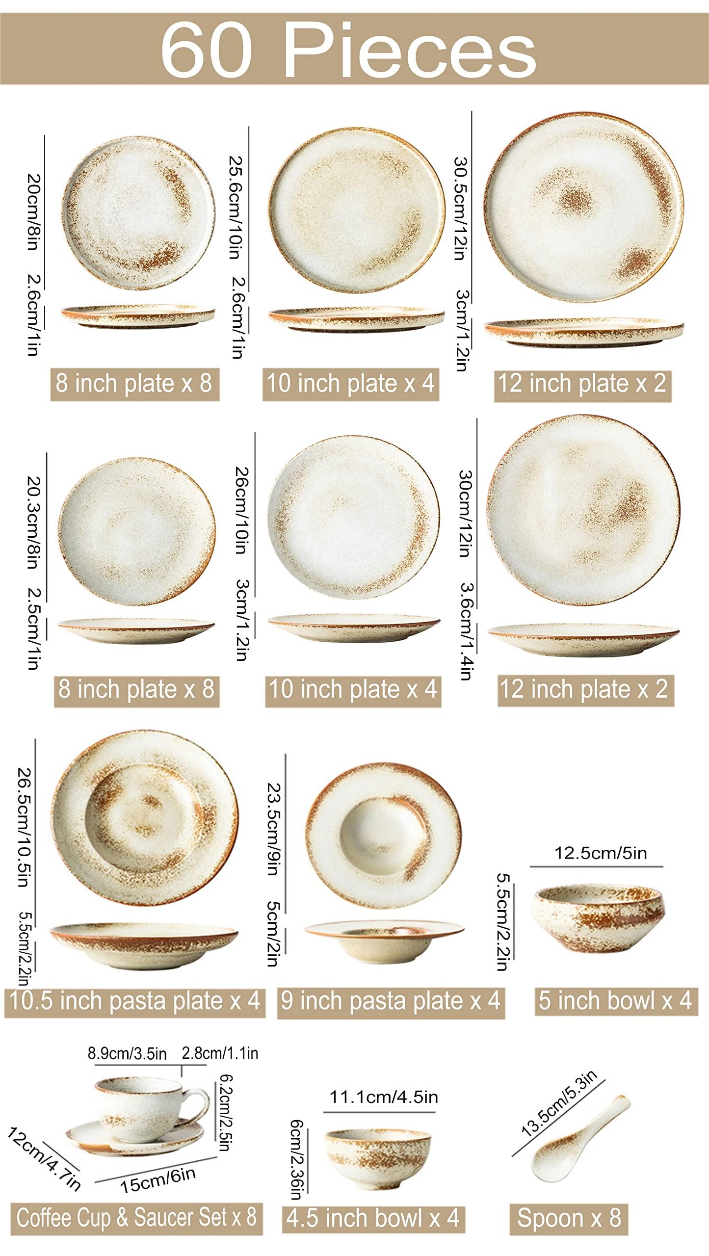 Brigtviee 60-Piece Dinnerware Set, Service for 8, Porcelain Dinnerware Sets, Kitchen Ceramics Plates and Bowls Sets, Dinner Set, Dishes Set, Tableware Set, Microwave and Dishwasher Safe