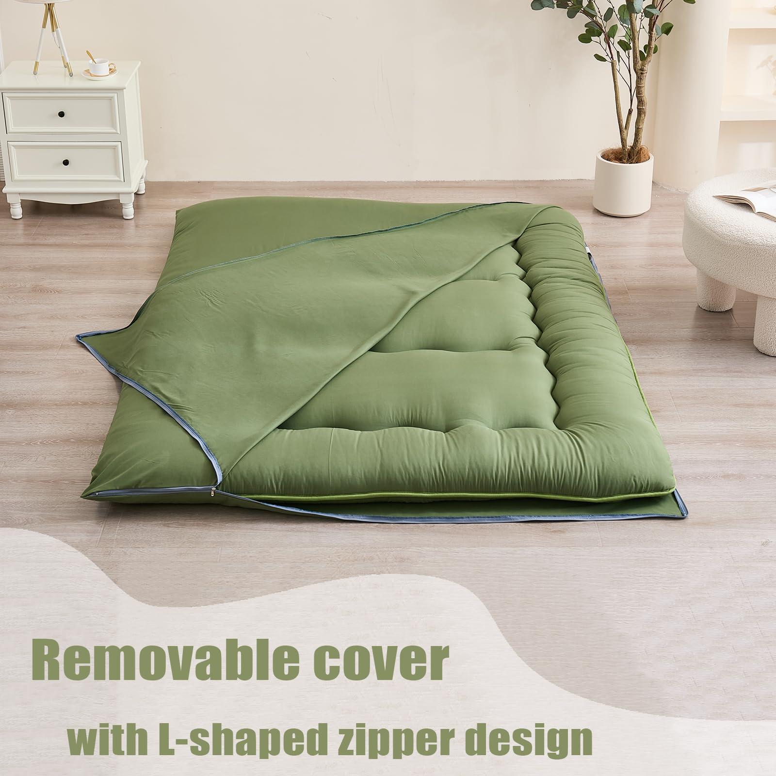 Zelladorra Zelladorra Japanese Floor Mattress, Futon Mattress with Portable Storage Bag and Washable Cover, Roll Up Mattress Thick Tatami Mattress Suitable for Camping, Guest Room, Green, Twin