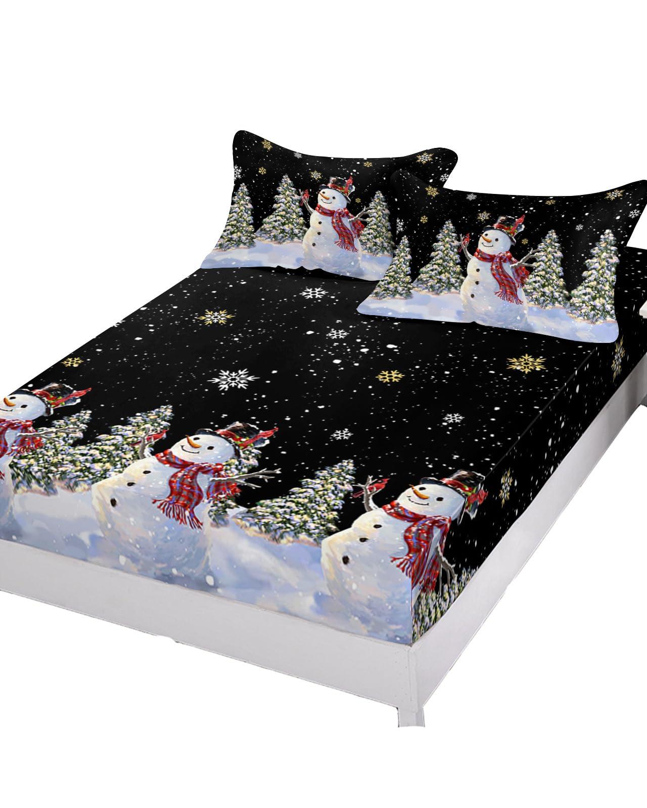 Alandar Home King Fitted Bed Sheet Deep Pocket,Merry Christmas Snowman Christmas Tree Bedding Sheet Soft Brushed Microfiber Fitted Sheets,Winter Snowflakes Black Hotel Luxury Fitted Bottom Sheet Pillowcase Set