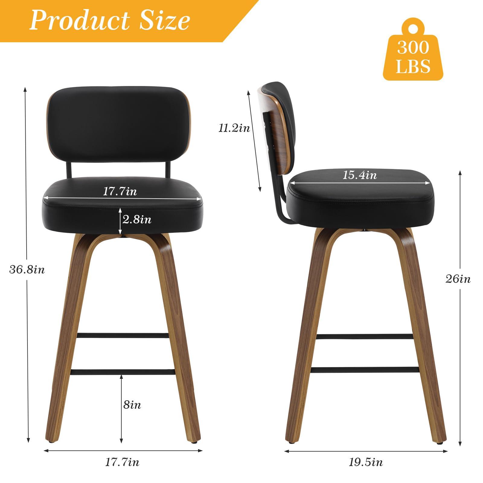 Bekrvio Bekrvio Swivel Counter Height Bar Stools Set of 3, 26\" Upholstered Faux Leather Barstools with Back and Bent Wood Legs, Mid Century Modern Bar Chair Island Stool for Kitchen Counter, Black