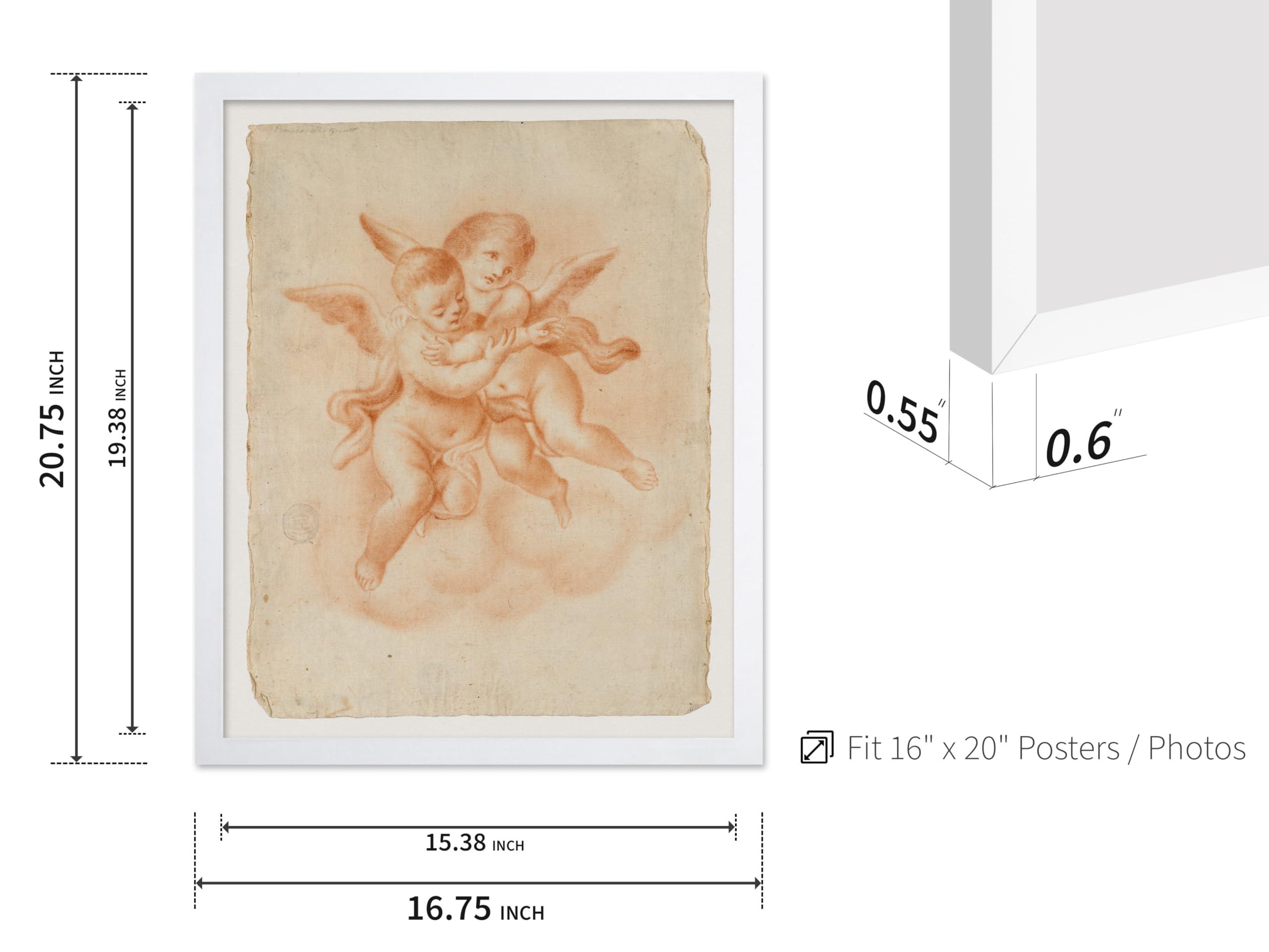 Monem Art Studio Monem Art Vintage Winged Putti in Clouds Poster - Retro Embrace Print - Mythology Art - Putto Art - Gift for Men & Women - Decor for Office, Kid\'s Room or Living Room, 16x20 White Framed