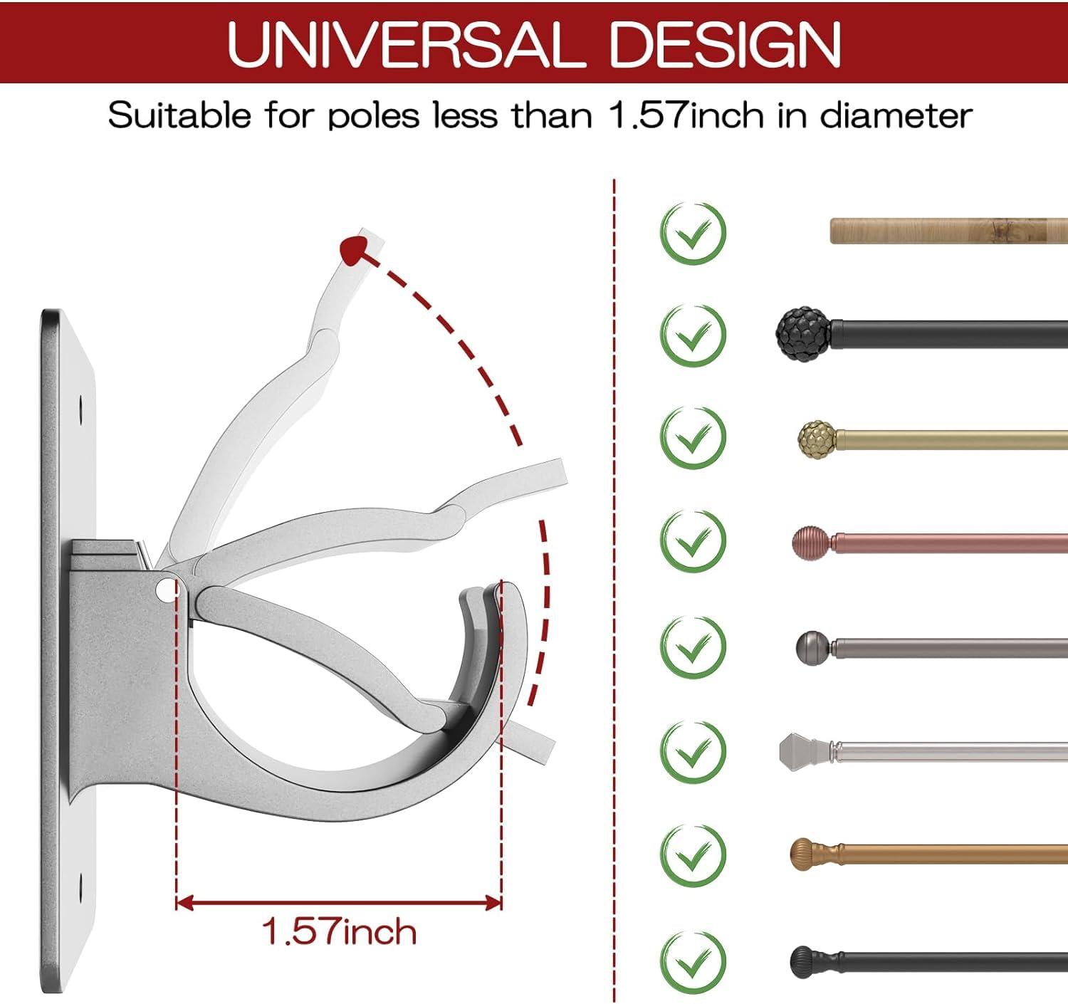 Wabboreq 6PCS No Drill Curtain Brackets, Self-Adhesive Rod Holders, Universal Plastic Nail Free Adjustable, Curtain Hooks for Rods Less Than 1.57 Inch Diameter (Sliver)