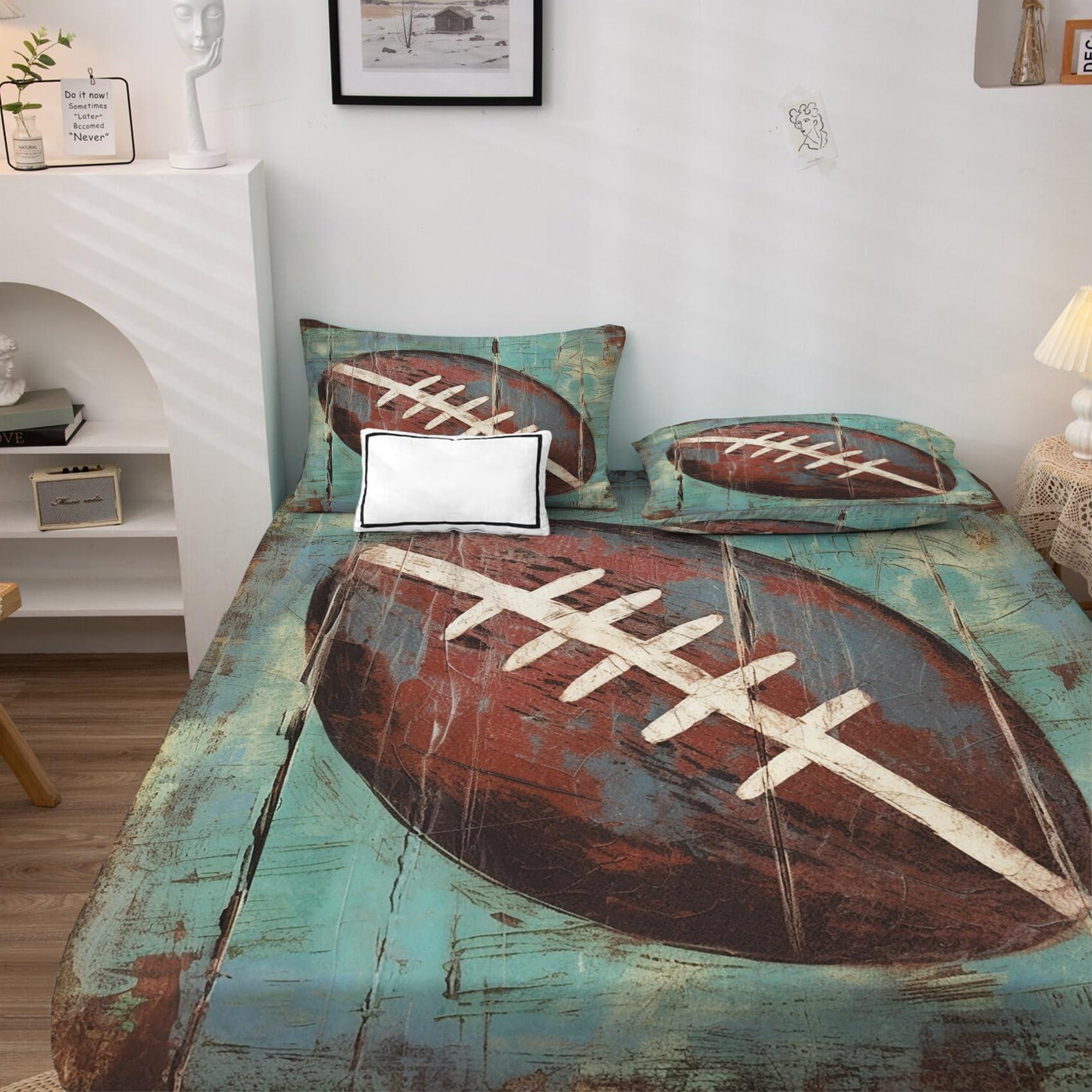 zcsm American Football Sheets King Sheet Sets - Rugby Sports Bed Sheets, Soft Microfiber & Deep Pocket & Wrinkle Free Patterned Bedding Sheets & Pillowcases, 1 Fitted Sheet, 1 Flat Sheet, 2 Pillow Cases