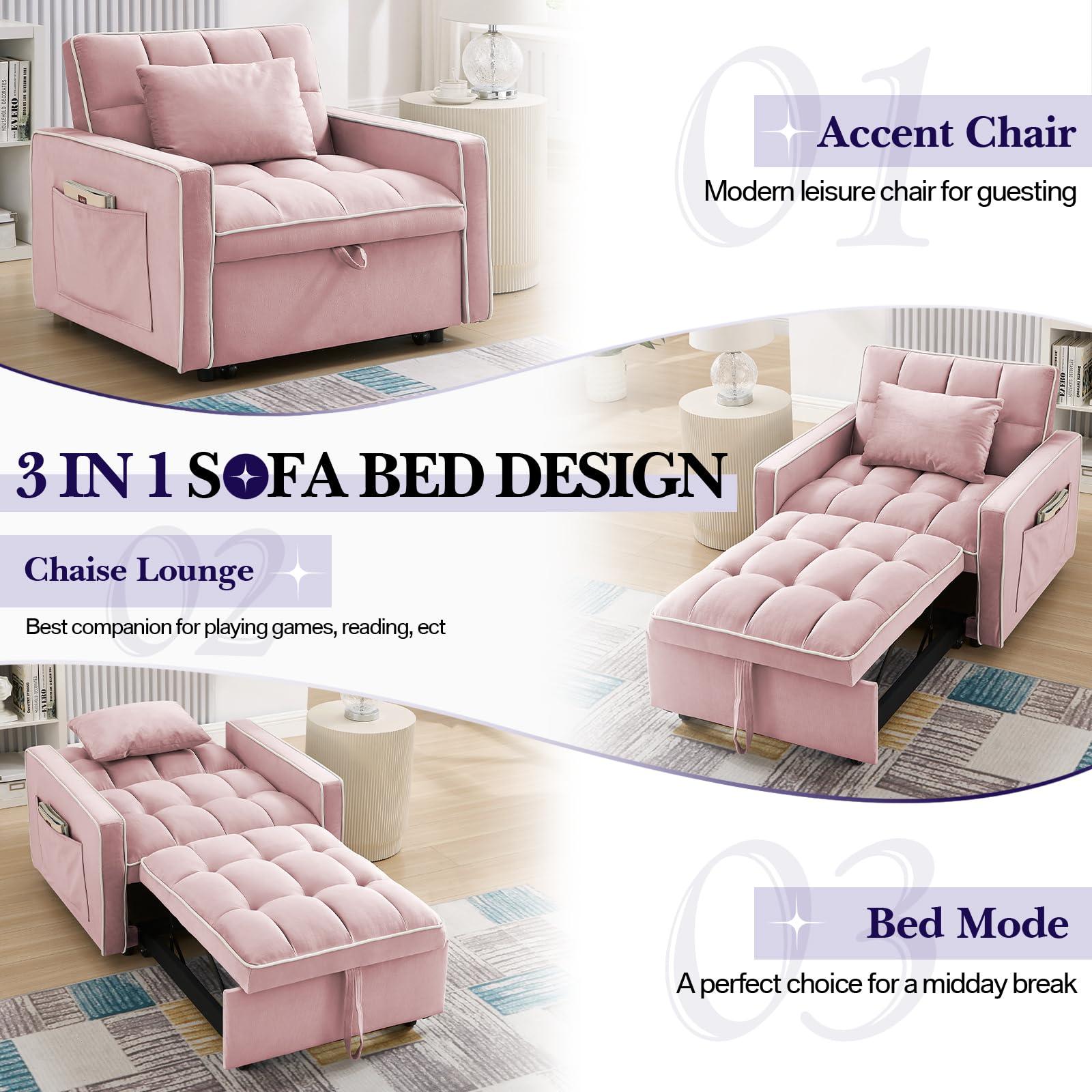 Antetek Convertible Sleeper Chair Bed, 3 in 1 Modern Velvet Pull Out Sofa Bed, Small Tufted Single Sleeper Chair with Adjustable Backrest/Pillow for Living Room, Small Spaces, Apartment, Office, Pink