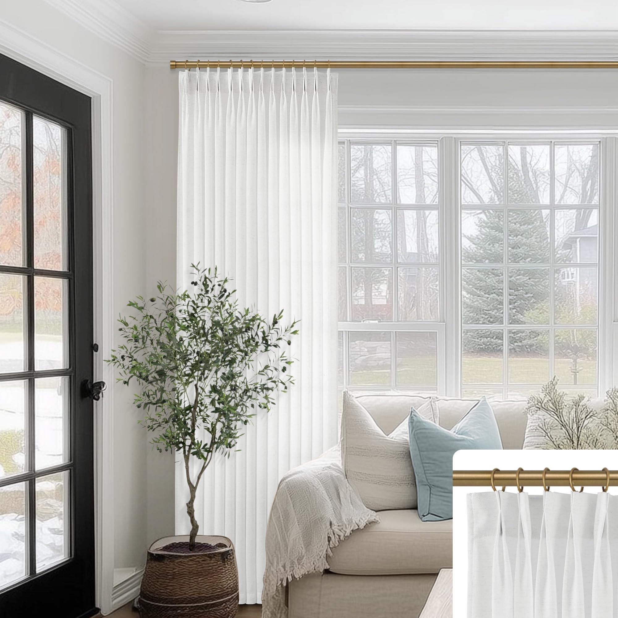 SHINELAND SHINELAND 102 Inch Long White Curtains Drapes for Living Room,Pinch Pleated Linen Sheer Extra Long Ceiling Curtains,102 in Length