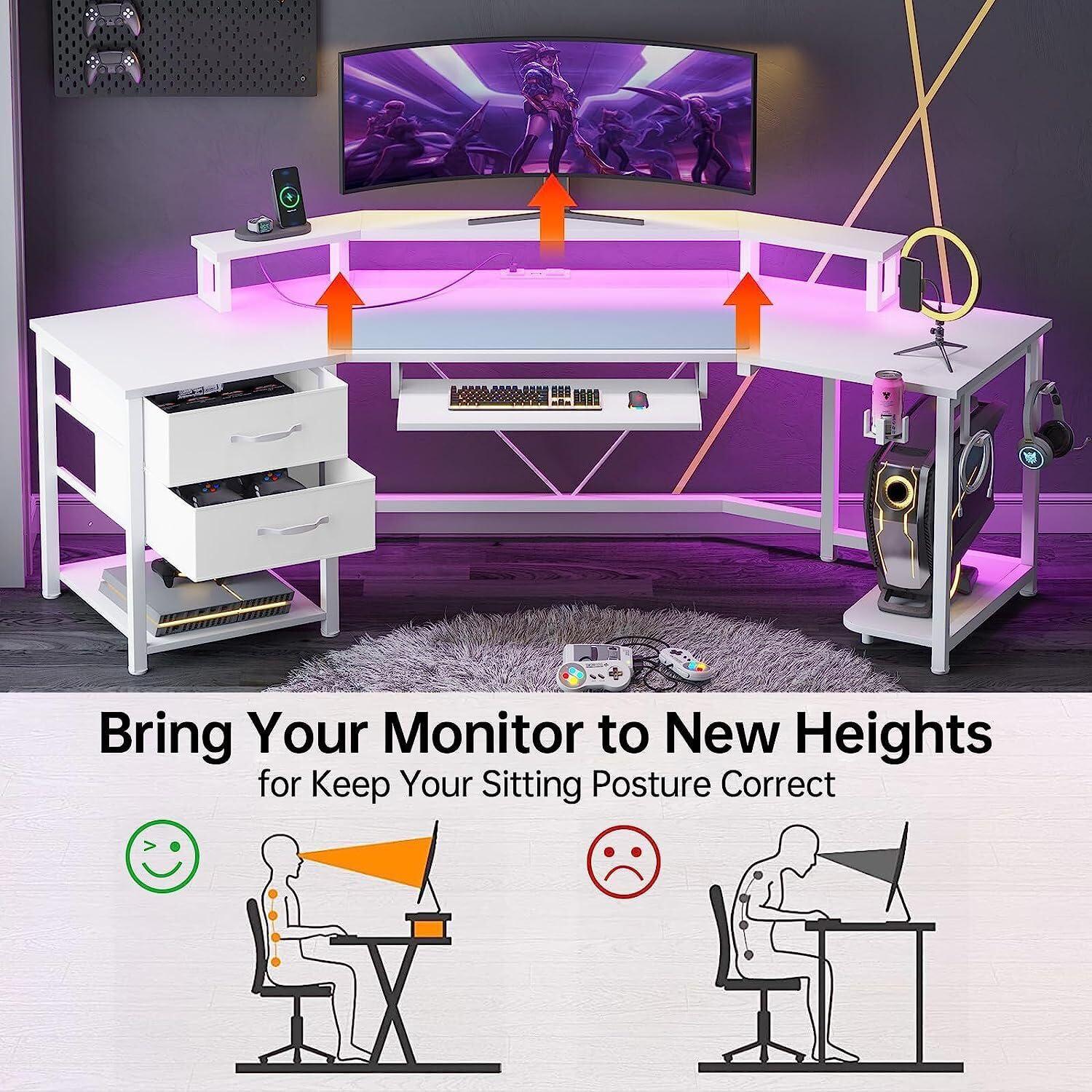 Thaweesuk Shop Thaweesuk Shop New Modern White 79 Inches U Shaped Gaming Computer Desk 2 Fabric Drawers LED Lights Monitor Stand Shelf Shelves Storage File Drawer Power Outlet Light Outlets Table Home Office Wood