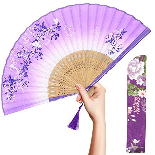 OMyTea OMyTea® 8.27"(21cm) Women Hand Held Silk Folding Fans with Bamboo Frame - with a Fabric Sleeve for Protection for Gifts - Chinese/Japanese Style Butterflies & Morning Glory Flowers Pattern (Purple)