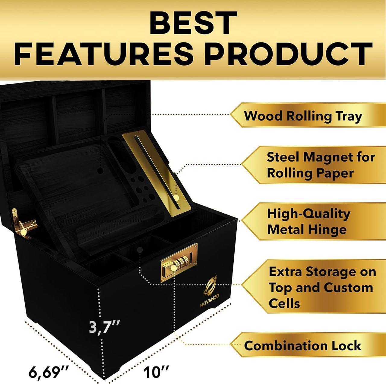 HOVANZO HOVANZO Premium Large Bamboo Box - Decorative Box Wooden Locking Storage Box with Rolling Tray - Decorative Wood Box for Herbs and Accessories - Decorative Box Set with Combination Lock