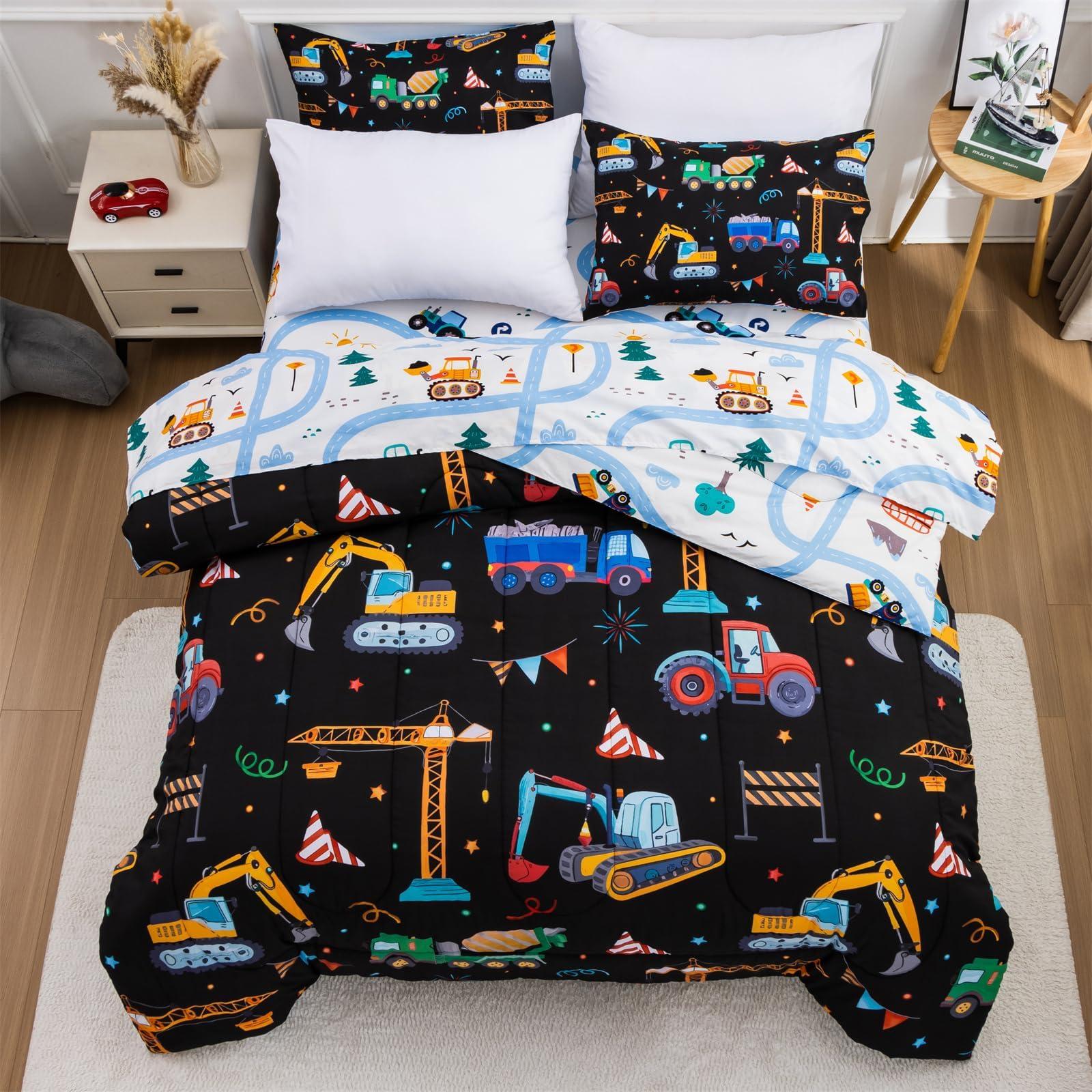Holawakaka Holawakaka Trucks Tractors Cars Boy Bedding Comforter Set with Sheets, Full Size Cartoon Construction Car Excavator Print Kids Bed in A Bag 5-Piece, Boys Reversible Dorm Bed Sets (Black Full)