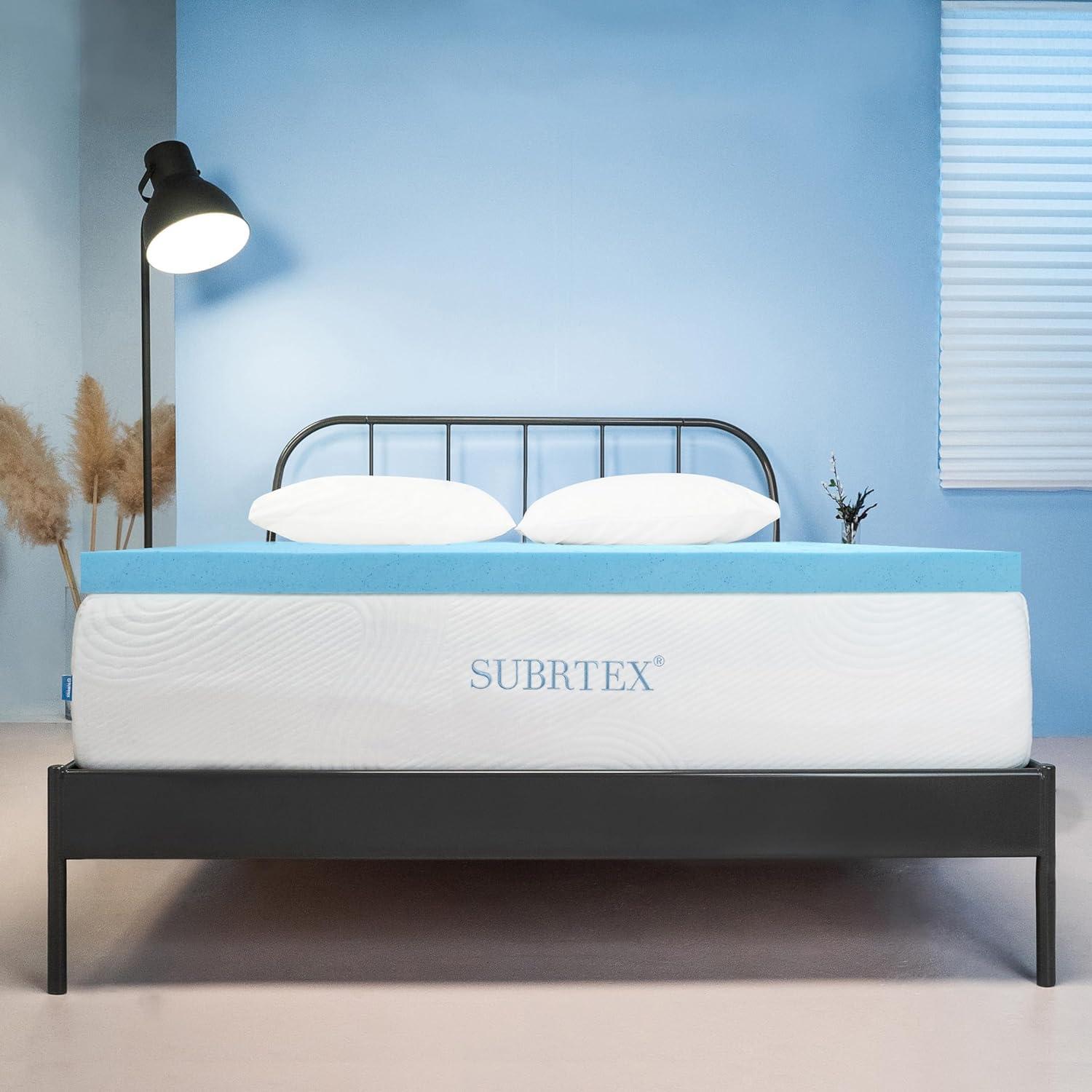 SUBRTEX Subrtex 4 Inch Memory Foam Mattress Topper Mattress Pad Ventilated Gel Infused Bed Foam Topper for Pressure Relieving, CertiPUR-US Certified, Queen, Blue