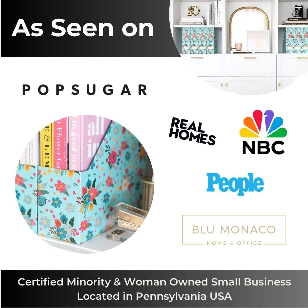 BLU MONACO BLU MONACO Floral Magazine Holder Cute Set of 4 Foldable Magazine File Boxes Aqua Floral Pattern with Gold Label Holder- Magazine Rack Desk Organizer, Binder Holder, Vertical File Folder Organizer