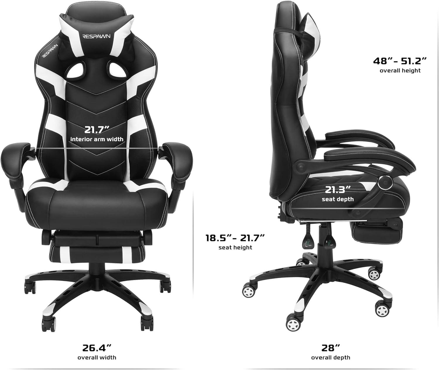 RESPAWN RESPAWN 110 Ergonomic Gaming Chair with Footrest Recliner - Racing Style High Back PC Computer Desk Office Chair - 360 Swivel, Adjustable Lumbar Support, Headrest Pillow, Padded Armrests - 2021 White