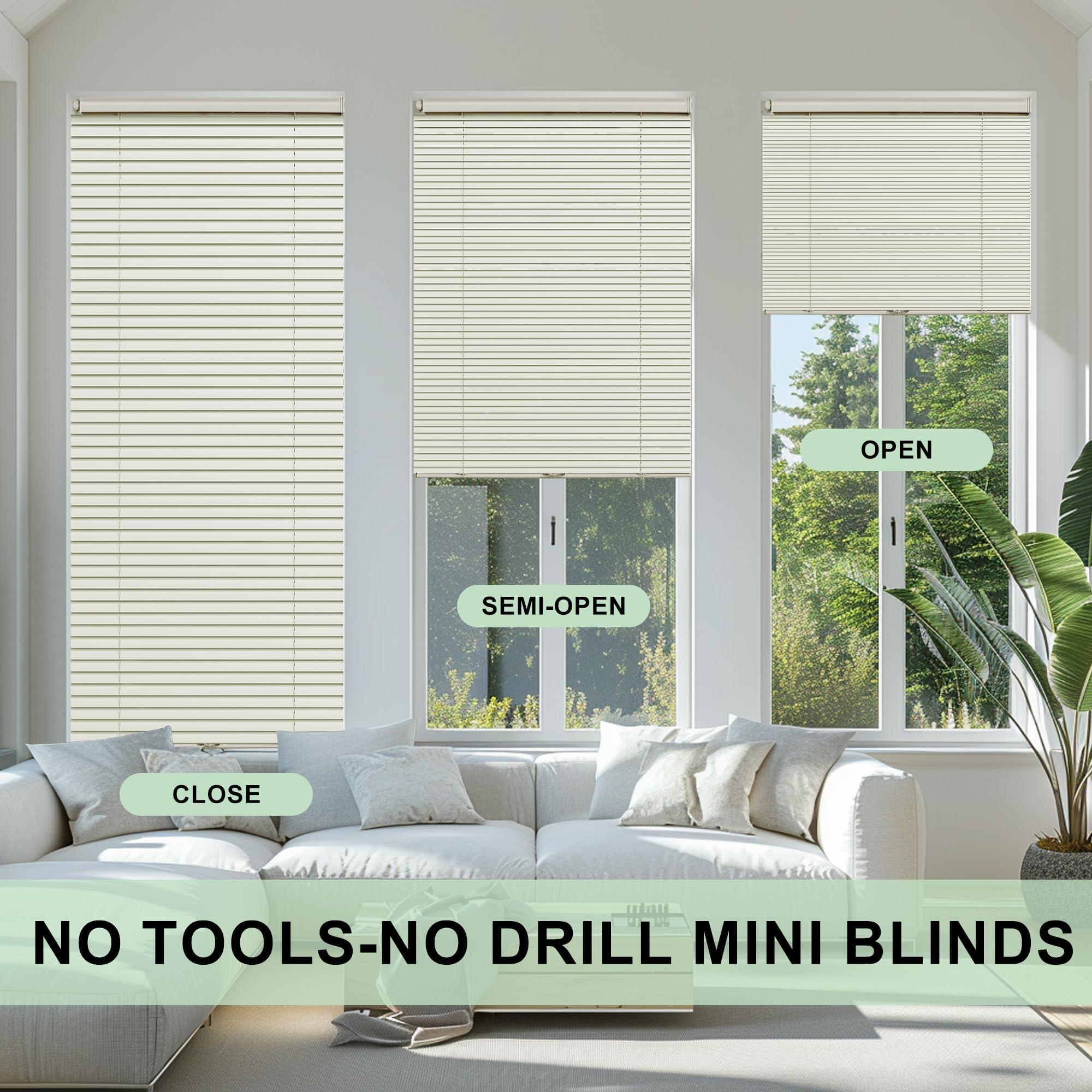 BERISSA BERISSA No Drill No Tool Cordless Mini Window Blinds 1 inch Venetian Blind Aluminum Horizontal Blinds Camper Blinds for Interior Inside(47" W x 39" H) Beige