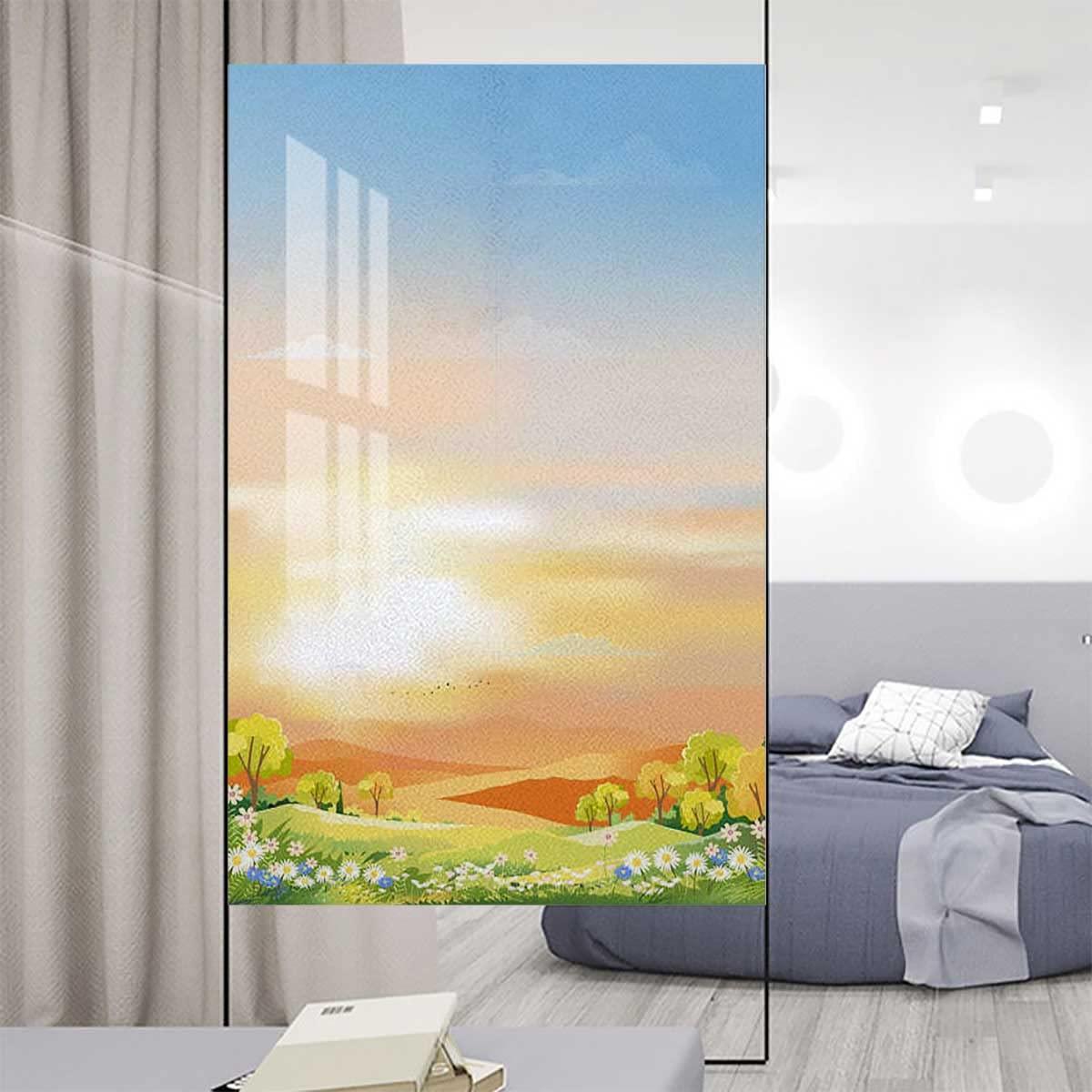 Generic Privacy Window Films, Decorative Window Tint Static Cling Glass Treatment ,Decoration, Heat Control, UV Prevention, Cartoon Farm Landscape Blue Green 17.7Wx23.6L-inch