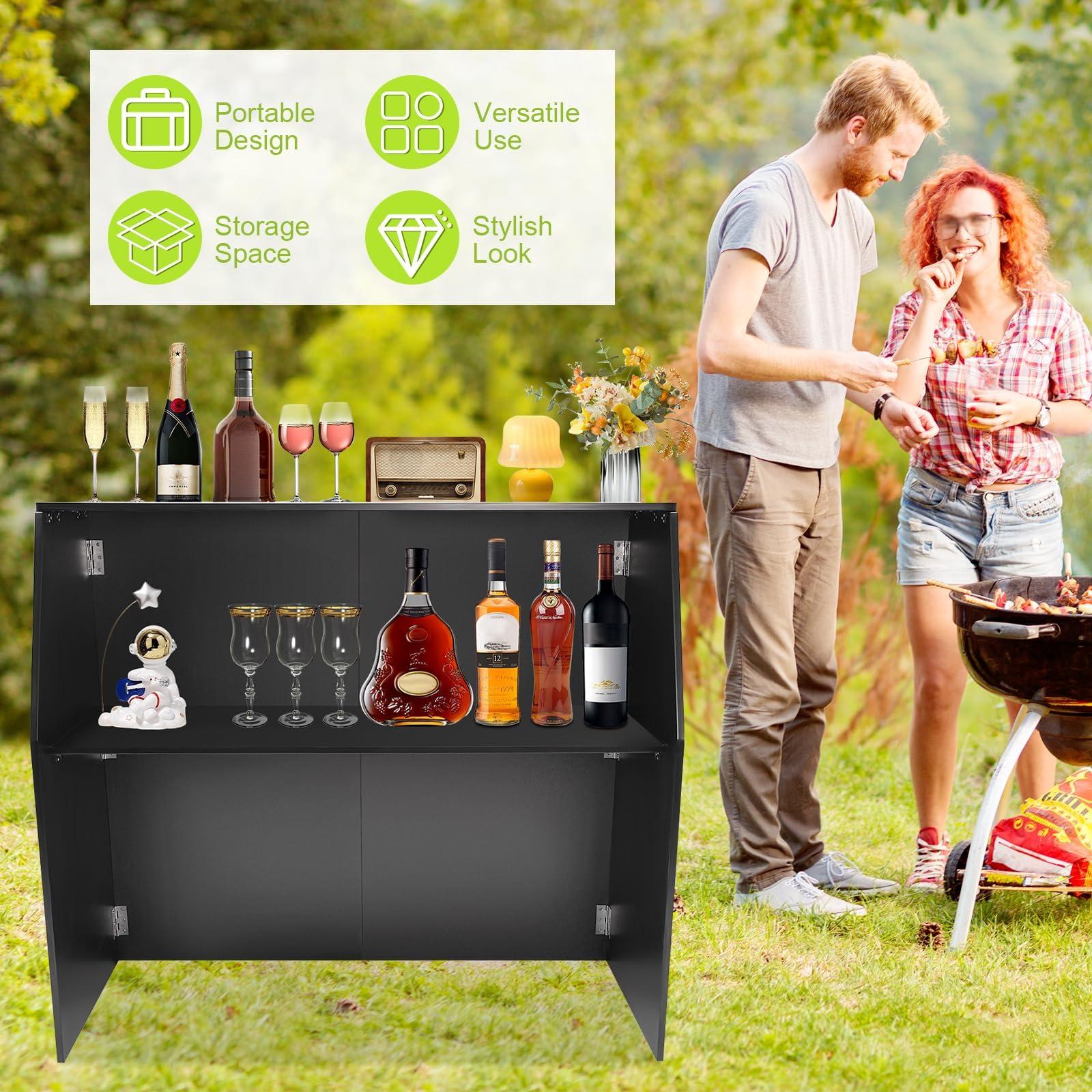 Akynjtbca Akynjtbca Bar Table Cabinet 42\" Tall Portable Event Bar, Farmhouse Coffee Bar Cabinet with Top and Middle Shelves, Foldable Bartender Station for Home&Parties (Black + Black Aluminum Cladding)
