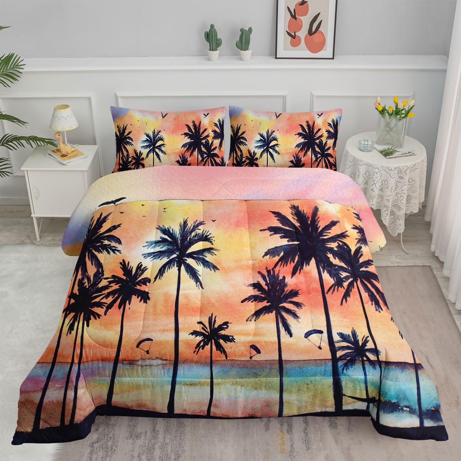 Axolotl Axolotl Beach Ocean Comforter Set Full,Coastal Beach Themed Bedding Set with Palm Trees Parachute for Girls Boys Kids Teens Adults Bedroom Decor,1 Hawaiian Comforter and 2 Pillowcases,Rainbow