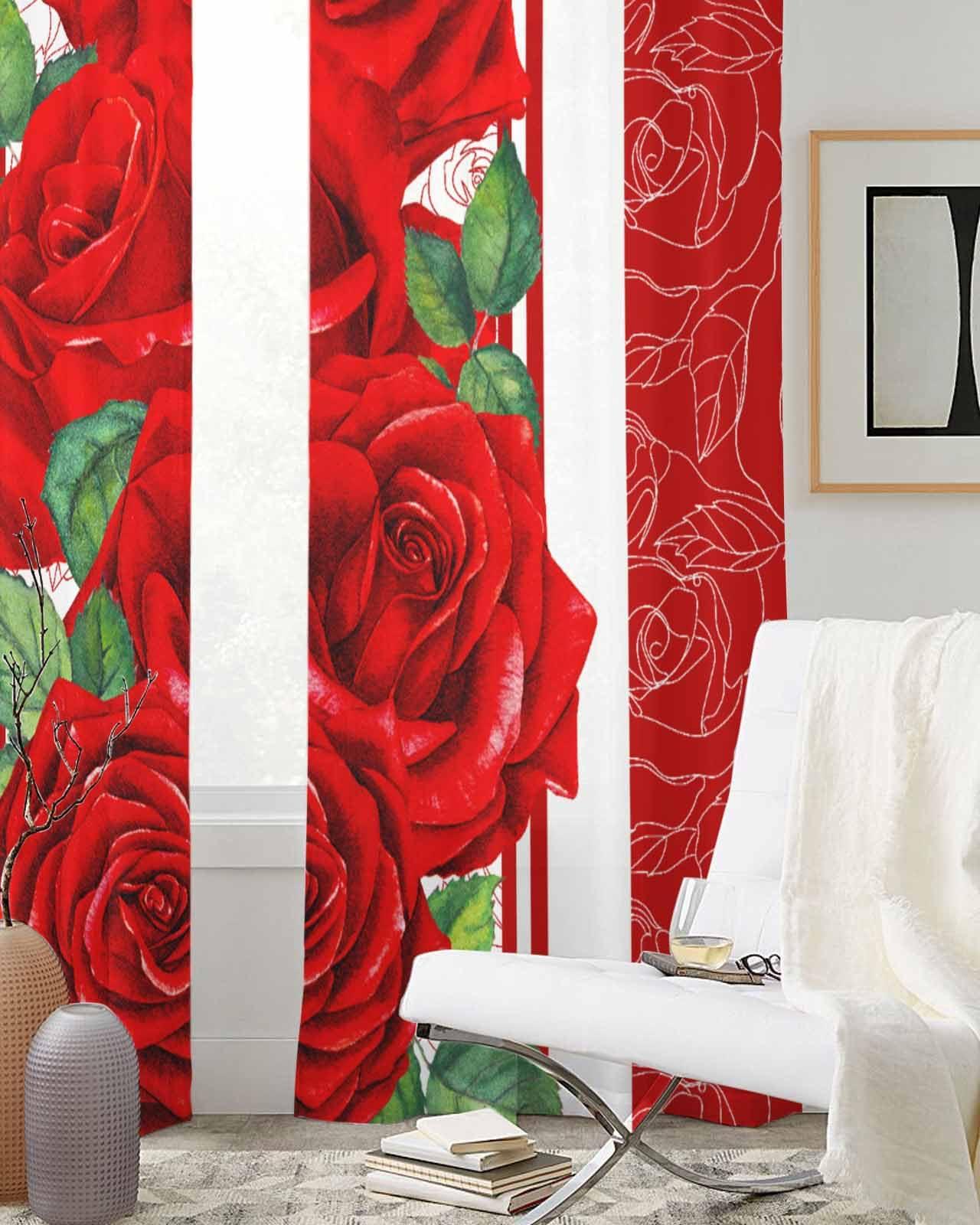 Onekaccu Red Rose Flower Sheer Curtains 84 Inch Length 2 Panels Set, Grommet Kitchen Curtains Sheer Window Curtain for Living Room Bedroom Light & Airy Privacy Drapes Romantic Valentines Day Spring Floral