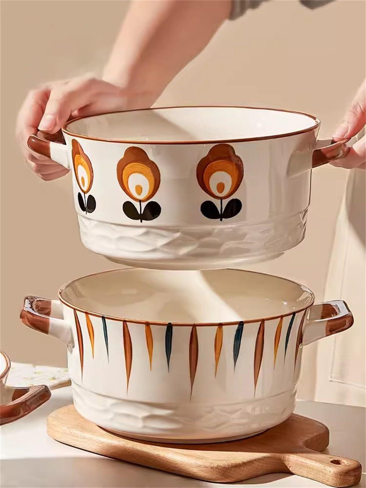 Fodalob Large Soup Bowls with Handles Microwave Safe, Ceramic Soup Bowls, 60.8 Ounce for Soup, Cereal, Stew, French Onion Soup Bowls (Color : B)