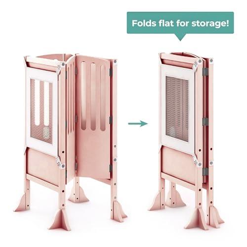 Guidecraft Guidecraft Contemporary Kitchen Helper Toddler Tower - Limited Edition Pink. Original Folding Montessori Learning Step Stool with Safety Nets
