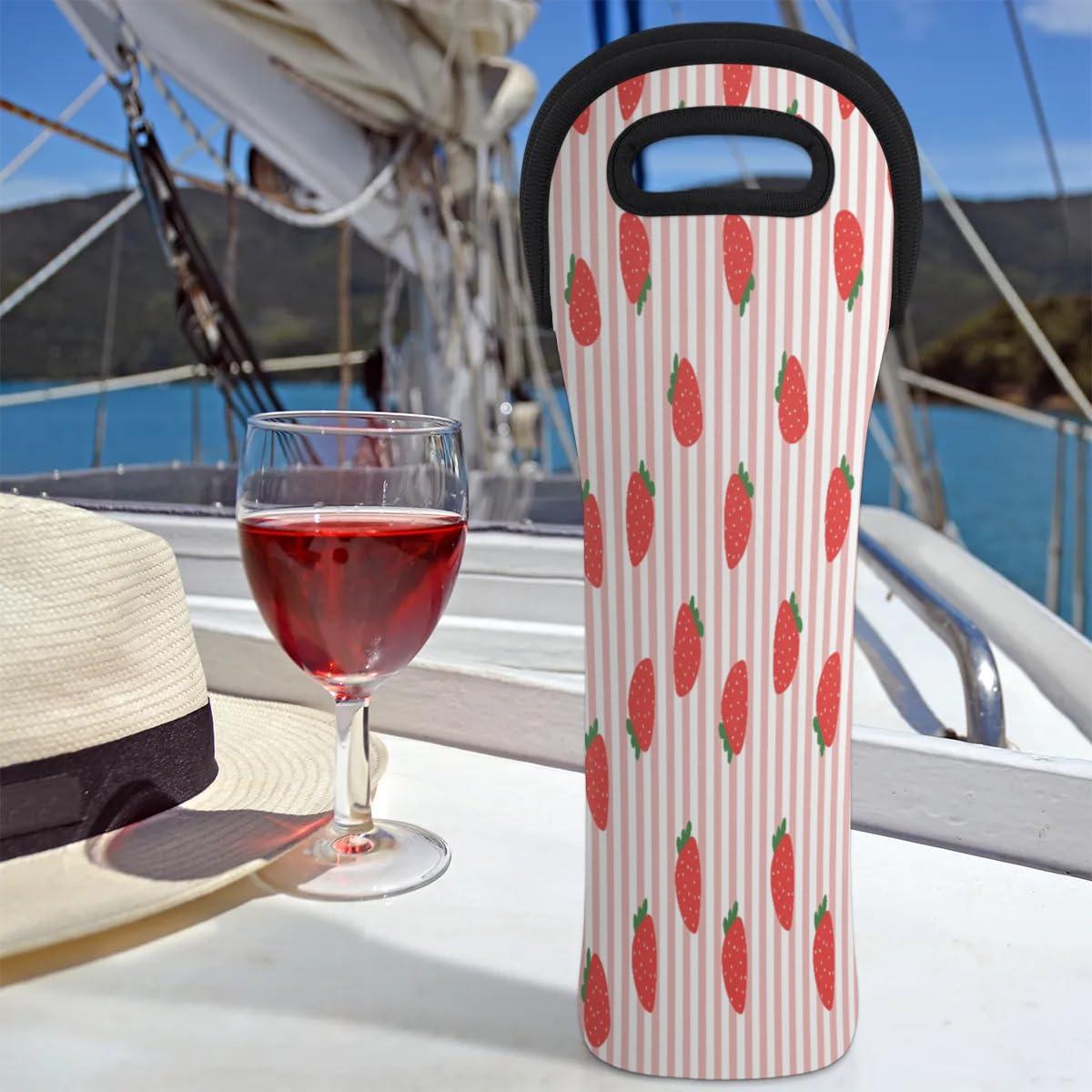 QsirBC Fruits Strawberries Pattern Wine Gift Tote Bag Neoprene Single Bottle Holder 750ml Wine Carrier Bags for Travel Wedding Festival Favors 5.1 X 15.6 In