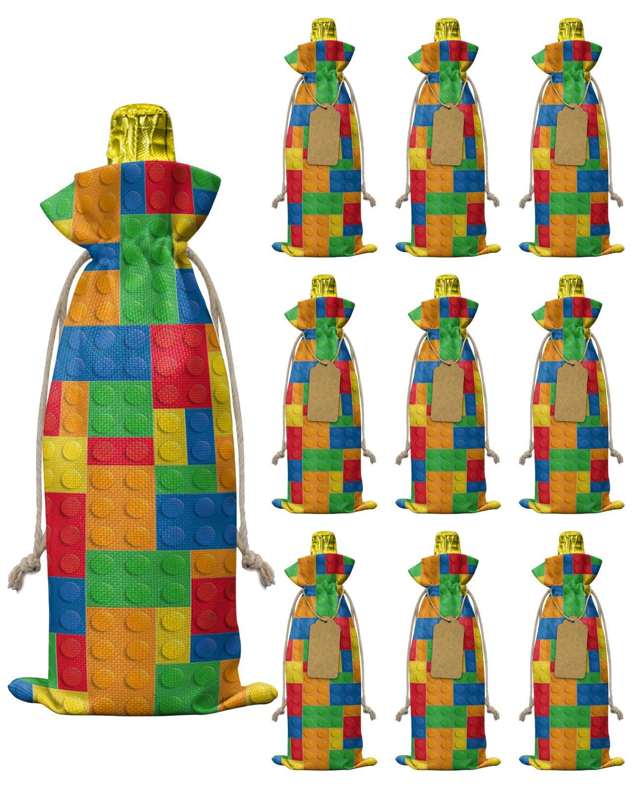 PIEPLE PIEPLE 10 Pack Wine Bottle Bags, Colorful Geometric Wine Bottle Cover with Drawstring, Gift Bag for Champagne, Wedding, Birthday, Christmas, Thanksgiving, Party Blue Orange Red Yellow Building Blocks