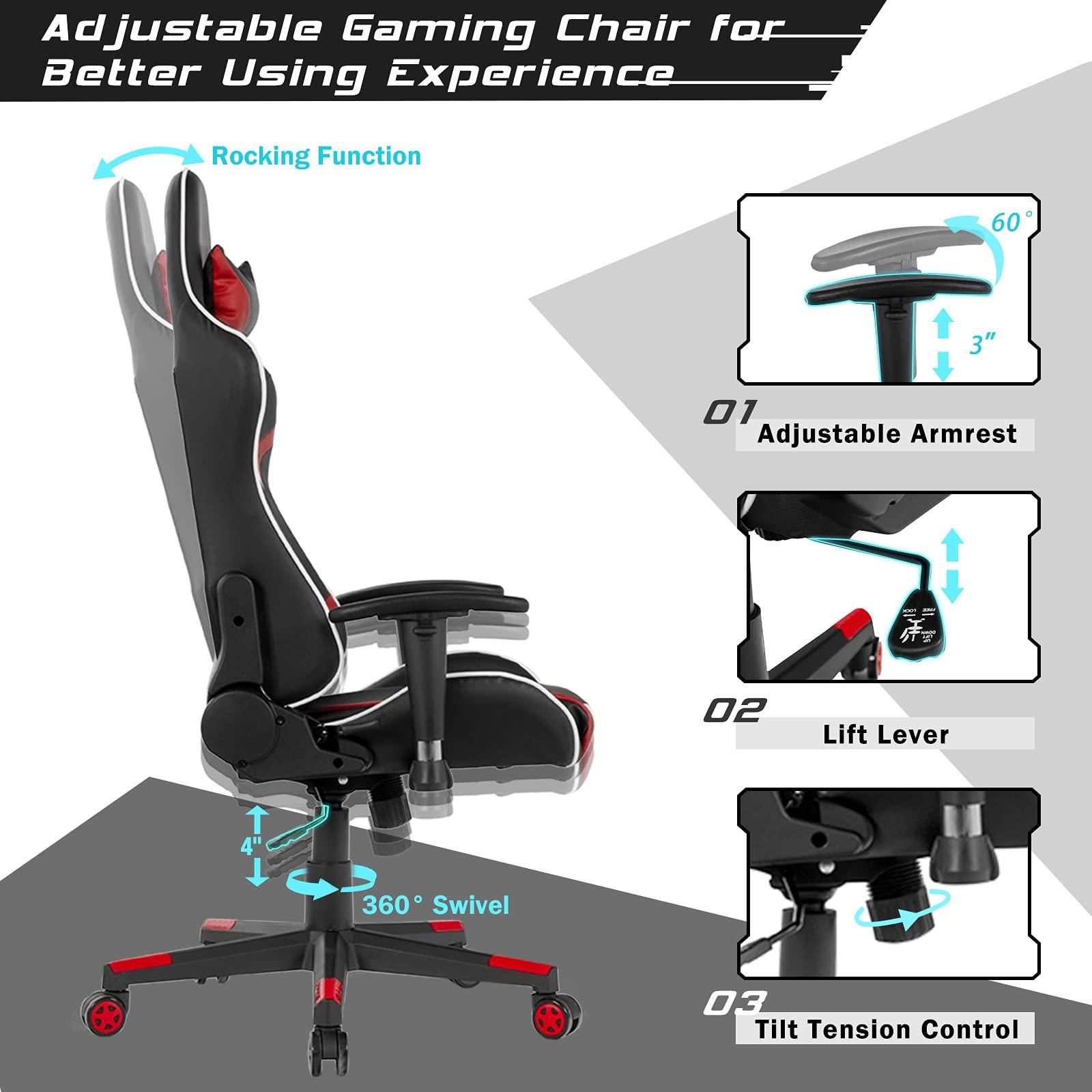 GYMAX GYMAX Gaming Chair, Massage Gaming Chairs for Adults with Headrest, Lumbar Support & Armrest, Video Computer Reclining Gaming Chair, Office Desk Gamer Task Chair (Red)