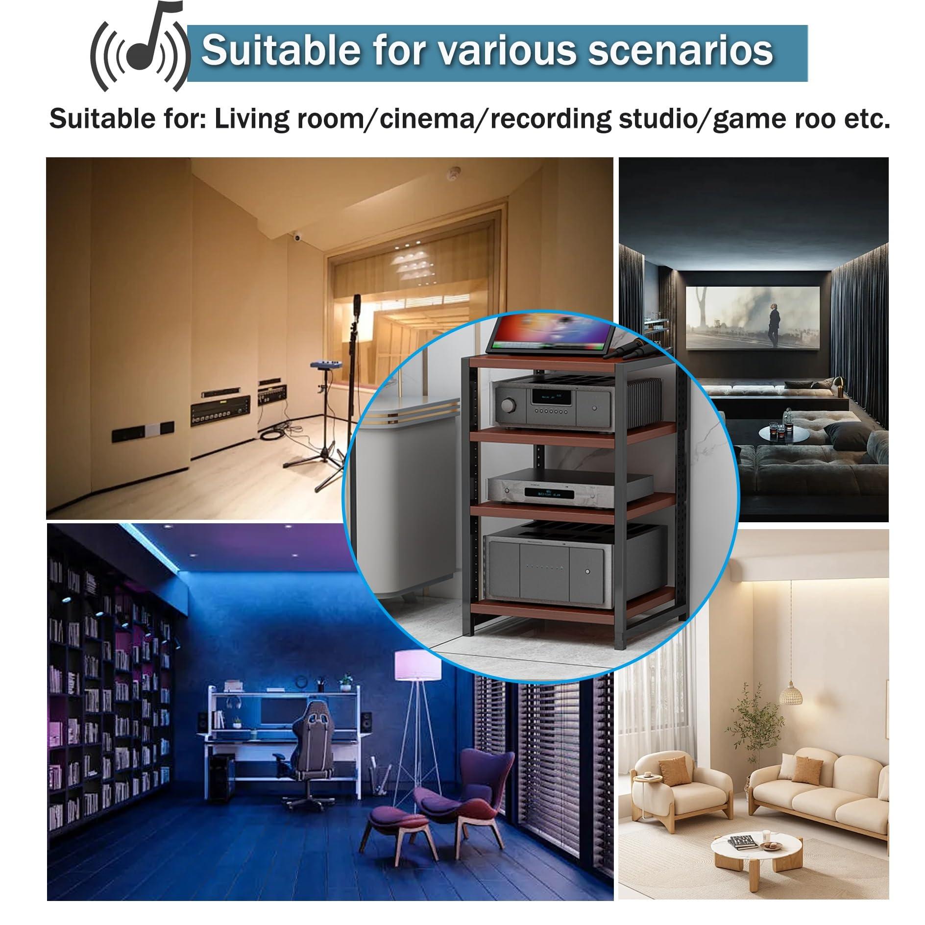 Leaceuv Audio-video Shelving AV Media Stand with Wheel Hifi Rack Stereo Cabinet Game Console Shelf 3/4/5/6-Tier DVD Holder Stand Tower with Adjustable Shelves Corner Stands for Living Room(Walnut,50x40x80cm)