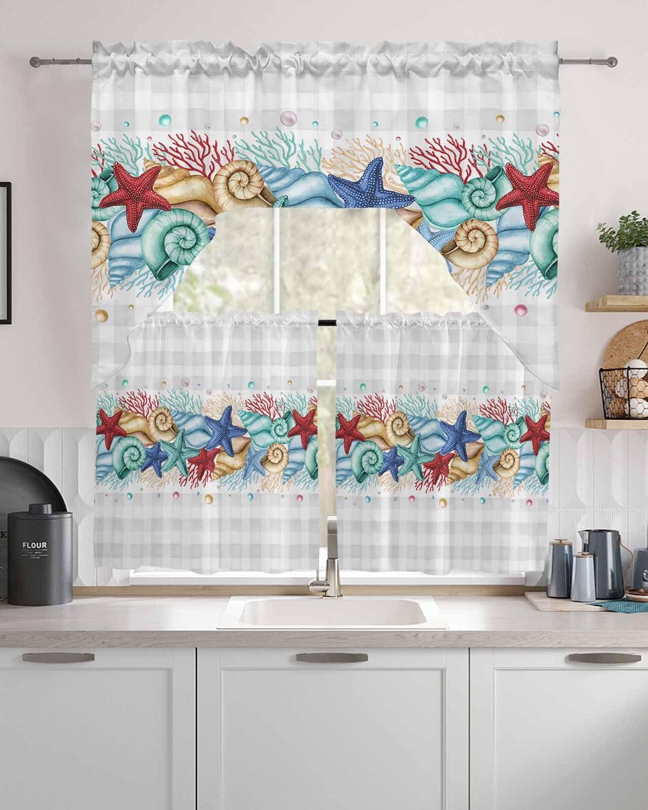 Onekaccu Coral Starfish Coastal Swag Curtains Valance and Tier Set, Rod Pocket 3 Piece Kitchen Curtains Over Sink Summer Beach Ocean Plaid Gray Swag Valances and Tier Curtains for Bedroom Bathroom 36 inches