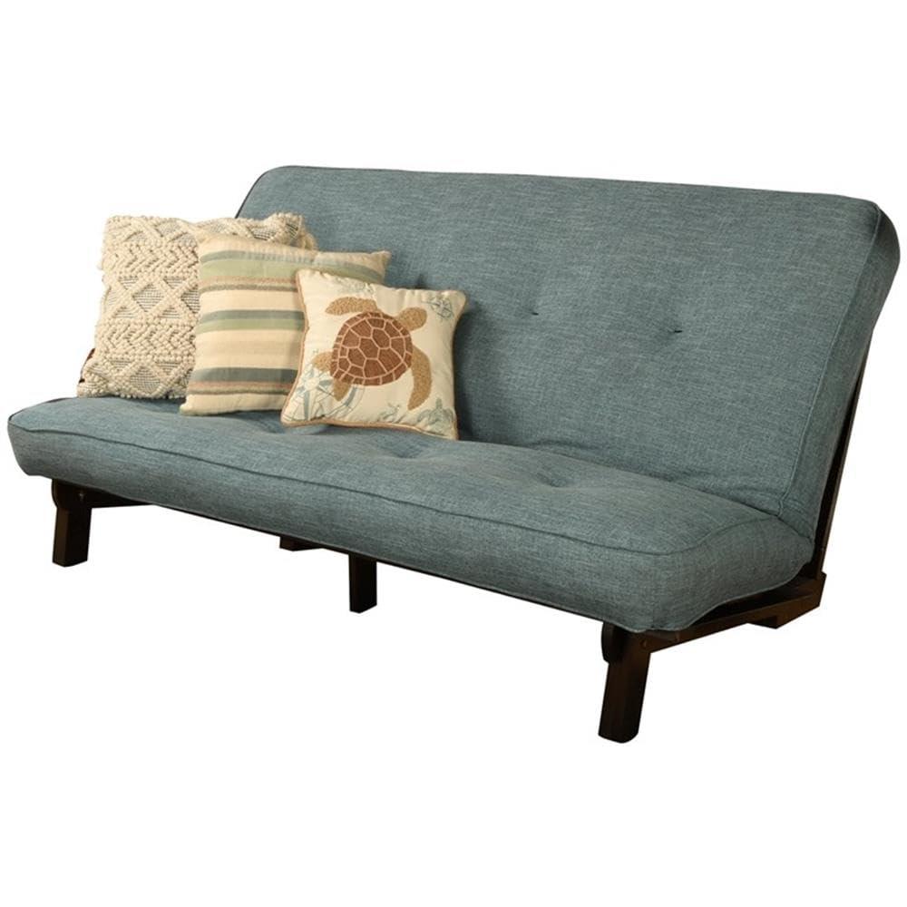Kodiak Furniture Kodiak Furniture Carson Full Size Futon Frame and Mattress Set - Java Brown Finish Wood Futon Frame with Mattress Included in Linen Aqua Color