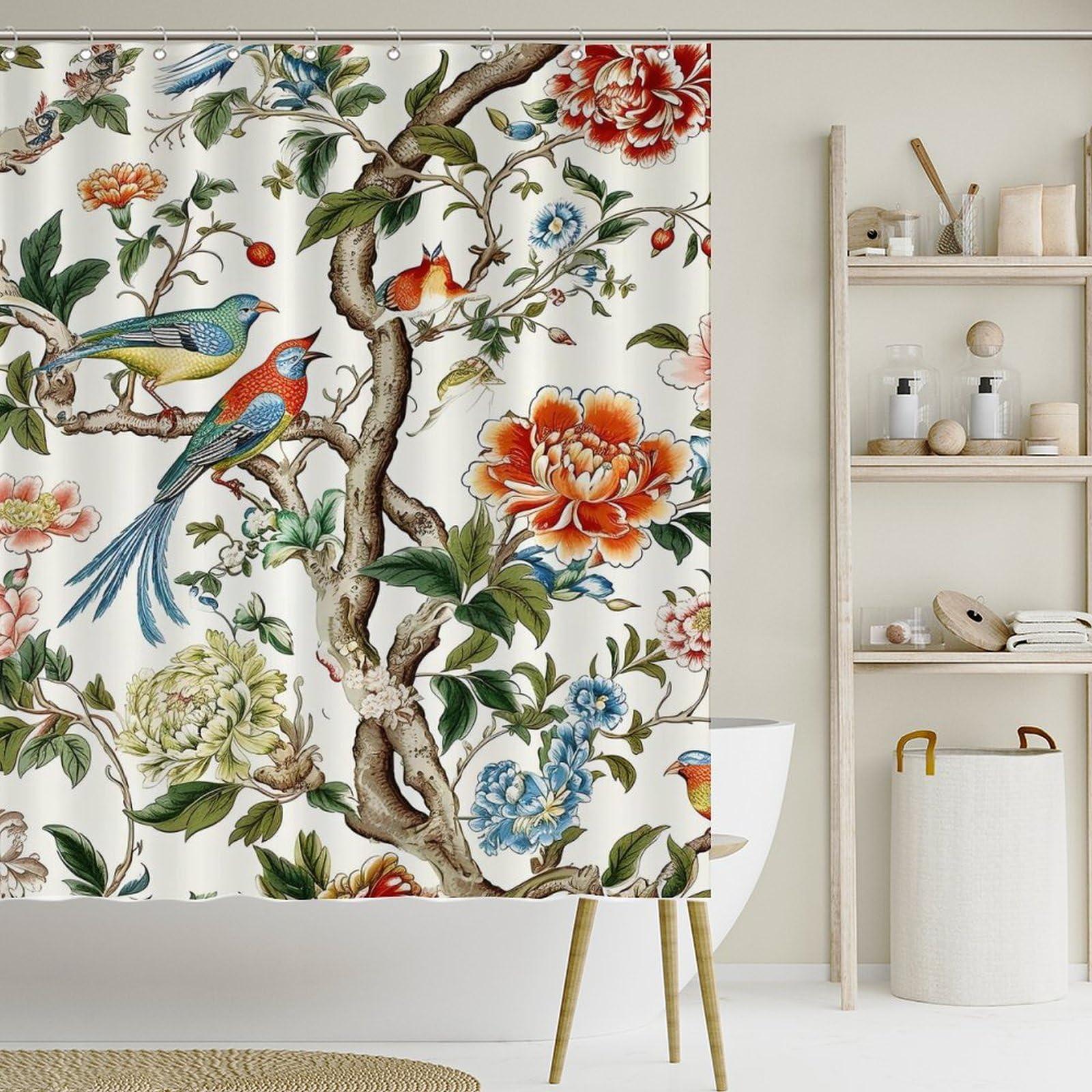 MangGou MangGou Asian Scenic Chic Chinoiserie Shower Curtain 60x72inch Bird in Peony Tree Coral Flower Polyester Bath Curtain with Hooks Red Peony Flower Animal Bird Waterproof Bathroom Shower Curtain