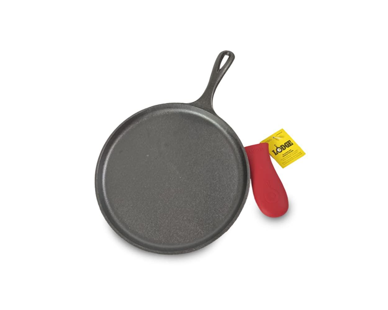 Lodge Lodge Cast Iron Round Griddle with Red Silicone Hot Handle Holder, 10.5-inch