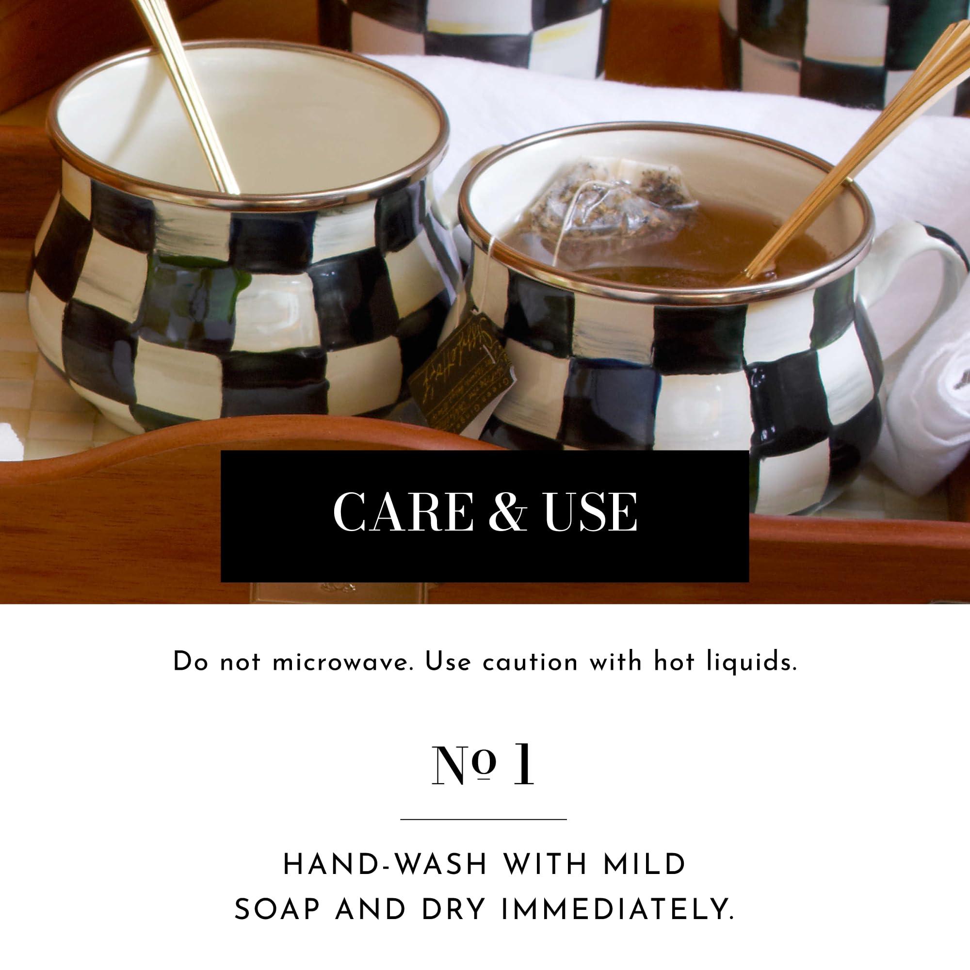 MACKENZIE-CHILDS MACKENZIE-CHILDS Enamel Tea Party Set, Unique Teapot and Teacups, Tea Accessories Set, Black-and-White Courtly Check