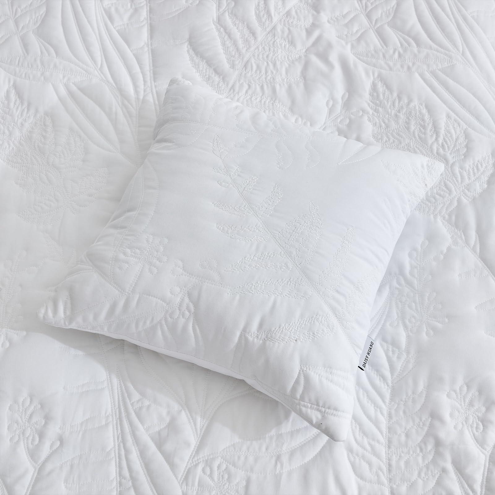 DaisyHuang DaisyHuang Botanical Oversized Bedspread Queen Size - Leaves Pattern Stitching Quilt Set - Elegent & Fresh Style Bedding Coverlets, Reversible, Lightweight, 4 Piece, White