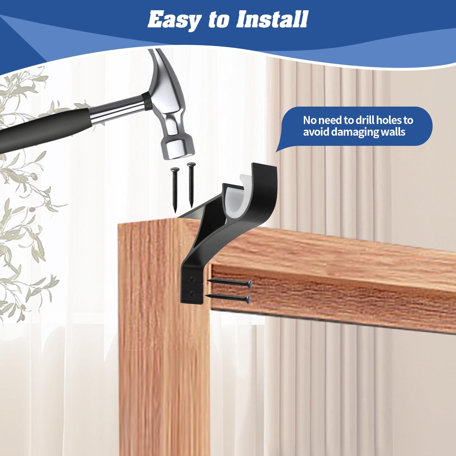 Anndason Anndason No Drilling Curtain Rod Brackets No Drill Curtain Rod Holders Curtain Rod Brackets Without Drilling Curtain Rod Hooks for 1 Inch Rod, Black Color, (Set of 8)