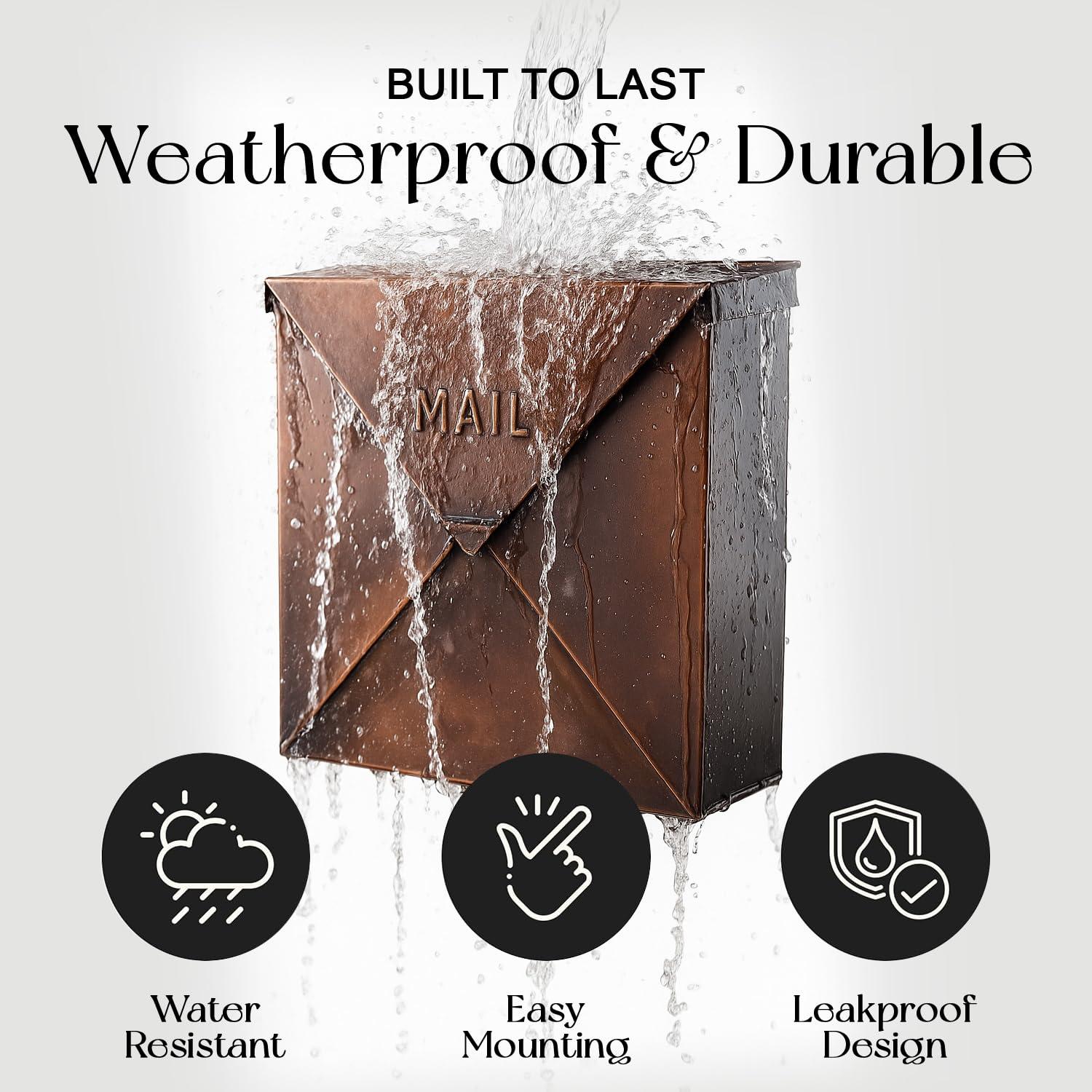 NACH NACH Mailboxes for Outside Wall Mount, 10 x 10 x 4 inch Antique Copper Mail Boxes for House Outside, Waterproof Mailboxes for Outside - Chicago Style Mail Box