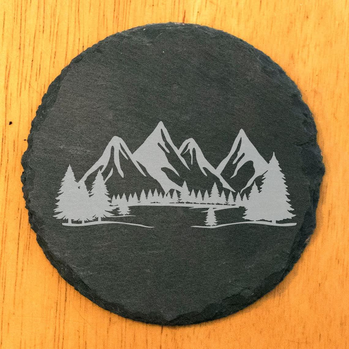 McIntosh Woodworking & Laser Engraving \"Mountain Majesty\" Slate Coasters with Stunning Mountain Scene Design - Perfect for Home and Office Decor and Protection of Surfaces, available in square or round Coasters - Round Slate - set of 8