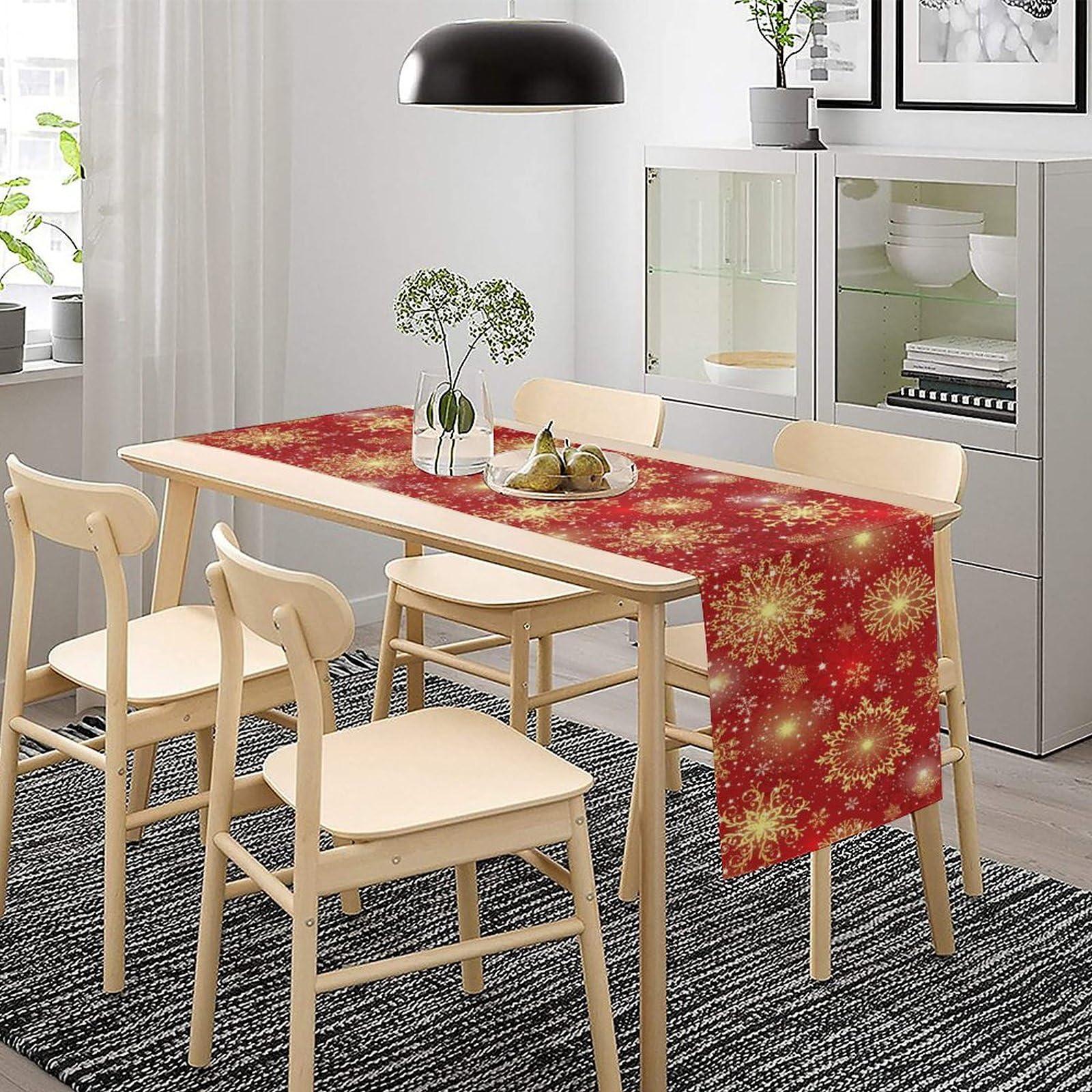 JanJCurt JanJCurt Golden Snowflake Table Runner, Happy New Year Red Golden Snowflakes Stars Winter Christmas Holiday Kitchen Dining Table Decoration for Home Party Decor, 13x90inch