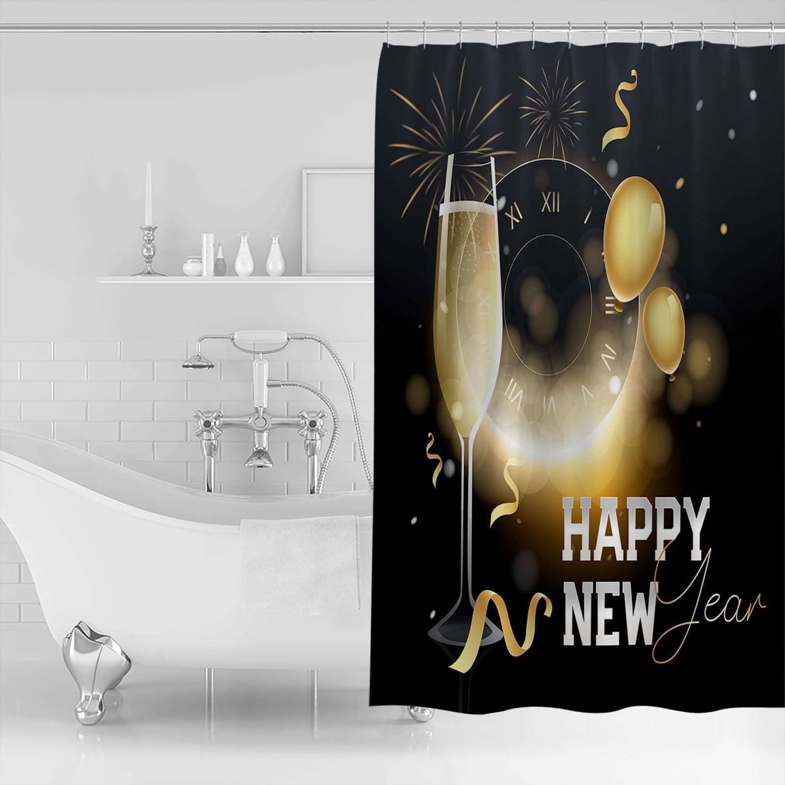 LIFEMUSION Happy New Year Shower Curtain Set - Extra Long 72\" x 96\" Washable Bathtub Curtain with 12 Hooks, Yellow Champagne Clock Balloon Ribbon Waterproof Fabric Stall Shower Curtains for Bathroom/Bathtub