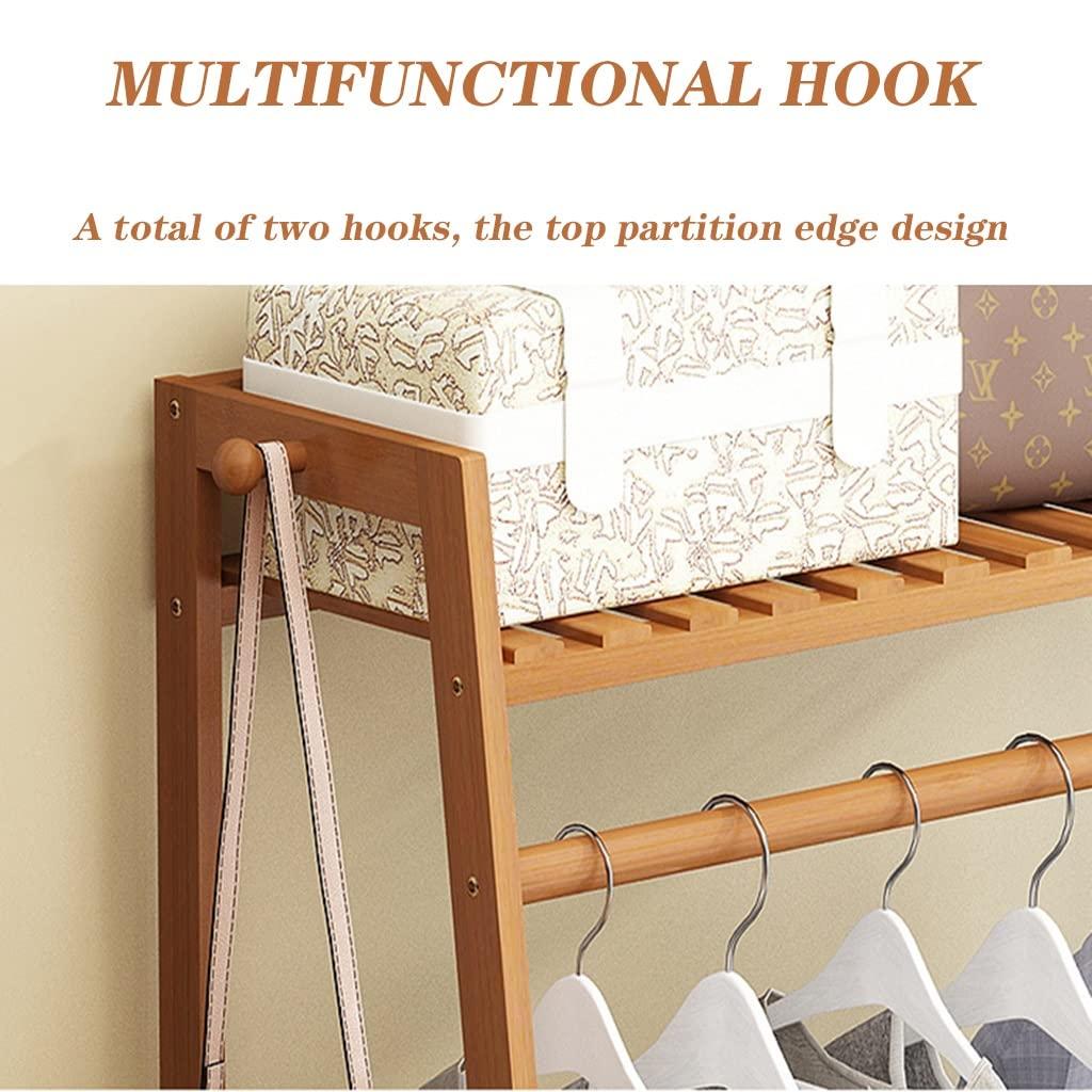 HomeLoft Basics Bamboo Clothing Rack with 2-Tier Shelves and Hanging Bar, Anti-Falling Design Garment Closet with 2 Hooks for Cloth Coat Shoe Storage Organizer Shelf (Color : Khaki, Size : 80 * 40 * 140cm)