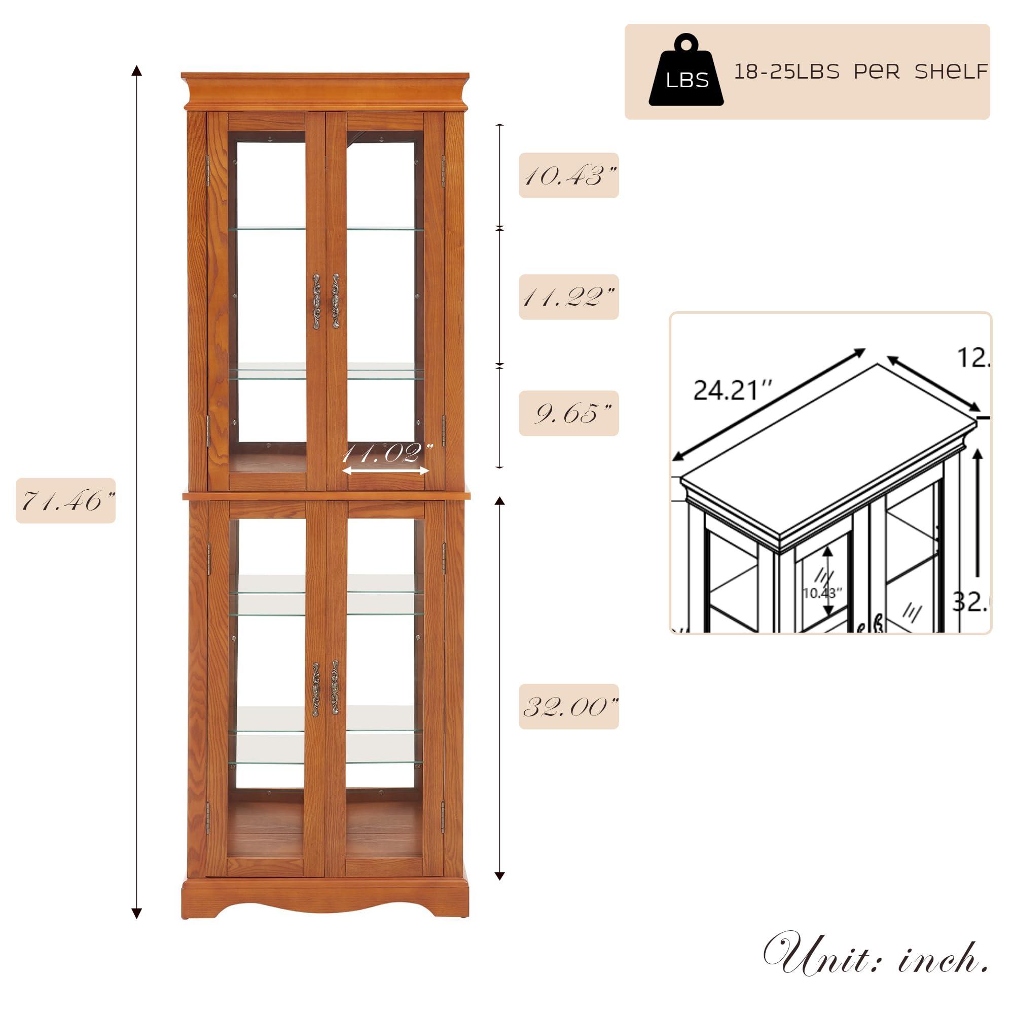CKEASEAN CKEASEAN Curio Cabinet 71" Lighted Glass Display Cabinet, Wooden China Cabinet with 6 Adjustable Shelves, Tempered Glass Doors, Light Bulb Included, Rack for Living Room (Dark Oak)