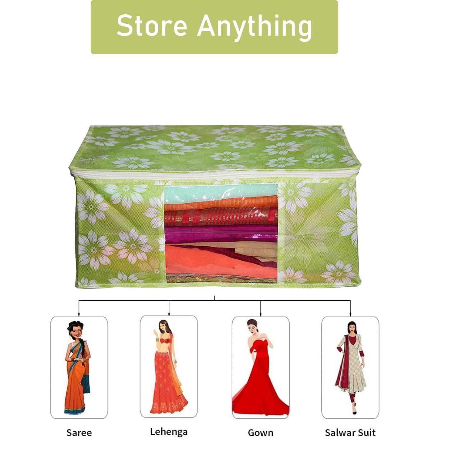 AARON INC AARON INC Non-Woven Fabric Saree Cover/Clothes Storage Bag/Wardrobe Organizer With Transparent Window And Zip for Lehenga, Suit, Dress, & Accessories Flower Print (Green Pack of 2, 45 * 35 * 22 Cm)