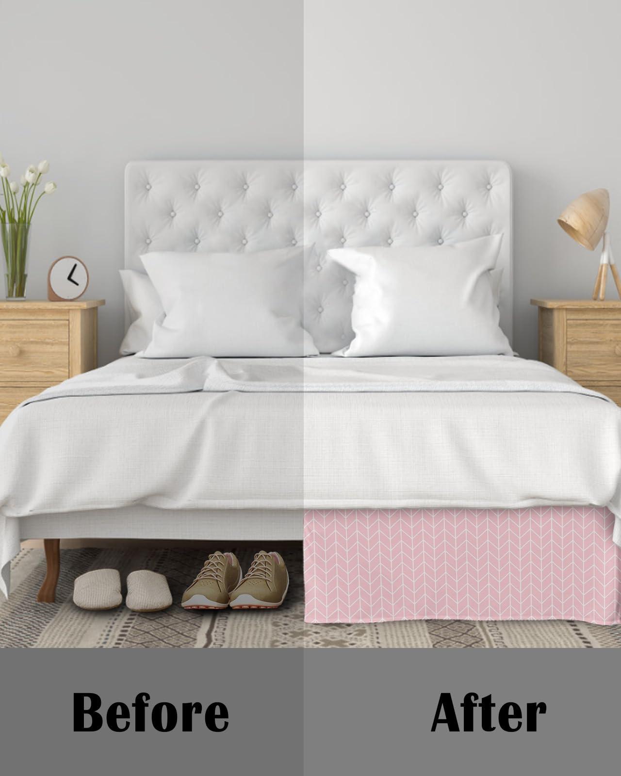 Sabolny Modern Pink Bed Skirt with Split Corners King Size 16" Drop, Tailored Dust Ruffle Bed Skirts Wrap Around Bedskirt Soft Cozy Bedding for Bedroom Hotel Contemporary Minimalist Geometric Stripe