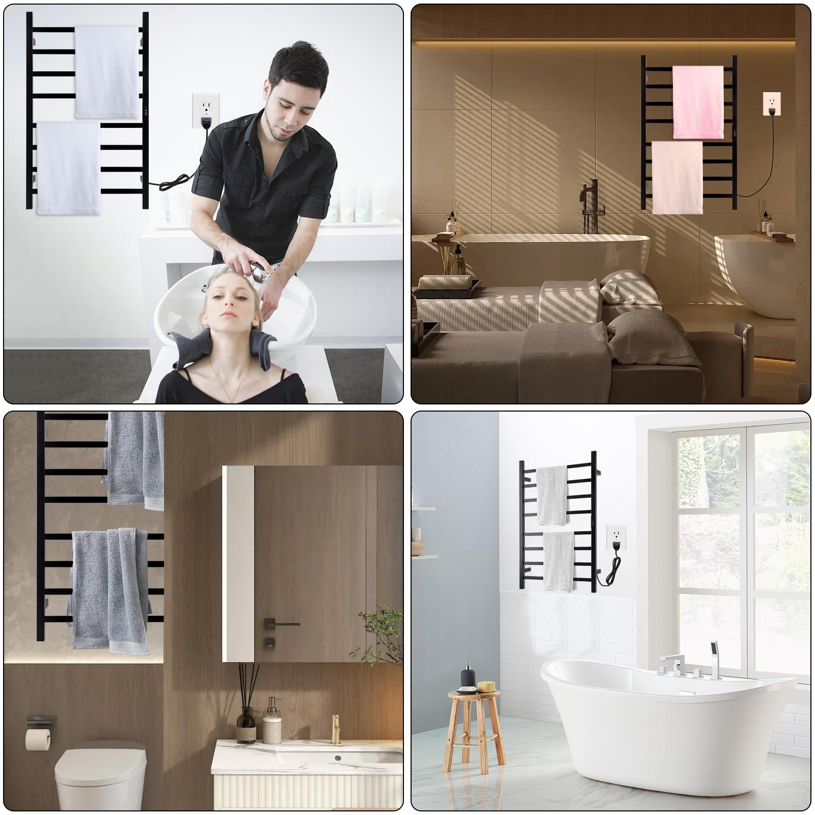 Nopwer Towel Warmer Heated Towel Bar-Rack - Nopwer Bathroom Wall Mounted Electric Towel Drying Plug-in Matte Black 8 Bars