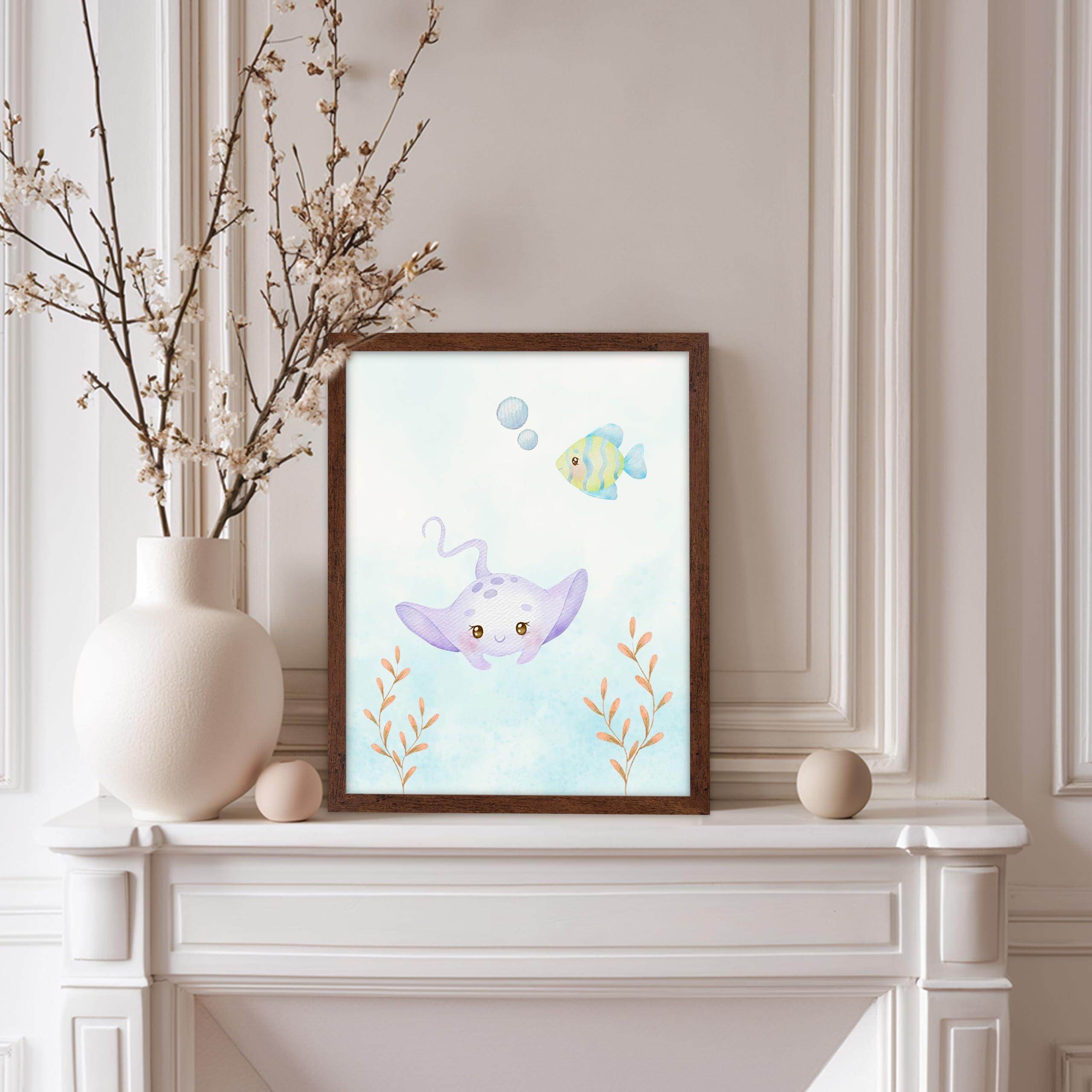 Poster Master Poster Master 6-Piece Sea Animals Poster - Aquatic Print - Pastel Color Art - Marine Life Art - Gift for Boys, Girls & Parents - Decor for Playroom, Kid\'s Room or Nursery, 8x10 Brown Framed