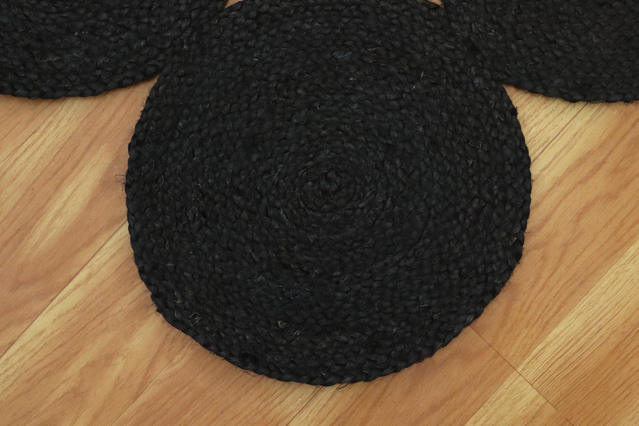 CASAVANI CASAVANI Scalloped Jute Rug Kilim Rug 4' Square Rug Black Hand Braided Jute Cape Cod Design Thick 0.19 inches Flatweave Rug Indoor Outdoor Use Rugs for Kitchen, Bedside, Enterway