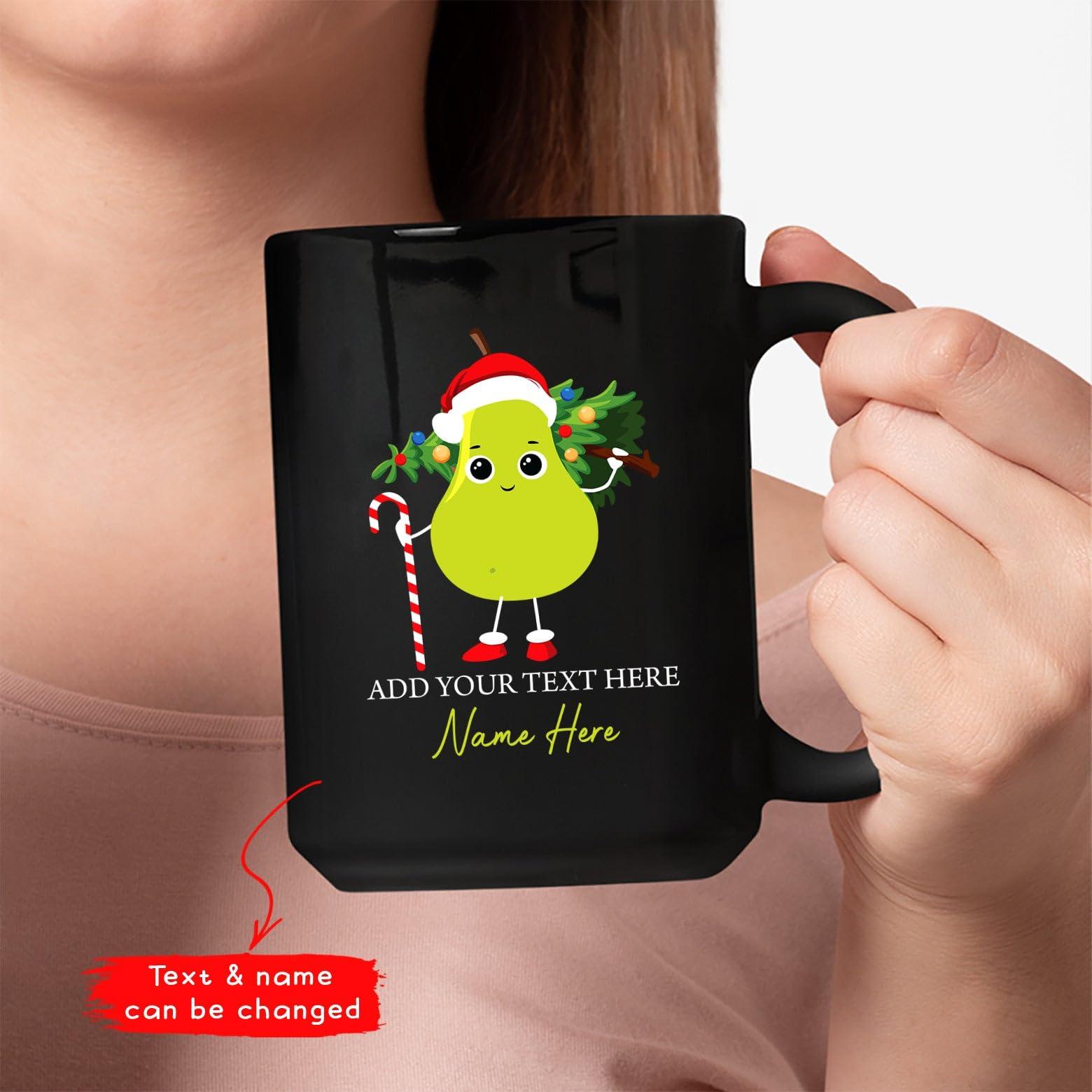 Yanria Custom Christmas Mug, Pear Santa Coffee Mug, Cute Pear Christmas Tree Cup, Personalized Merry Xmas Ceramic Mug Gifts For Pear Fruit Lovers, Customized Pear Mug With Name, Black Cup 11oz 15oz