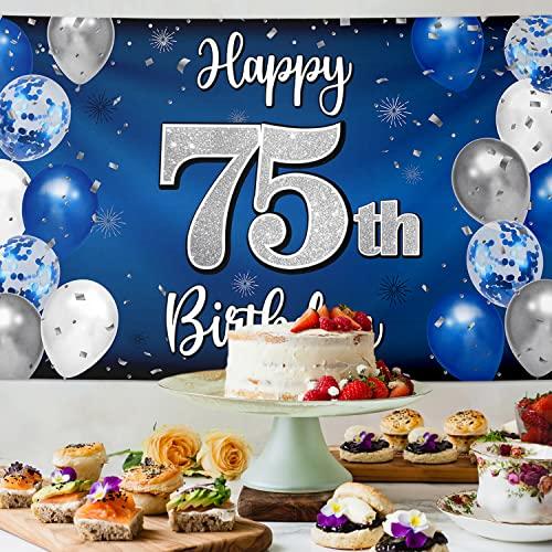 Nelbiirth Nelbiirth Happy 75th Birthday Decorations,75th Blue & Silver Balloon Large Birthday Banner Backdrop Sign,75th Bday Party Supplies.