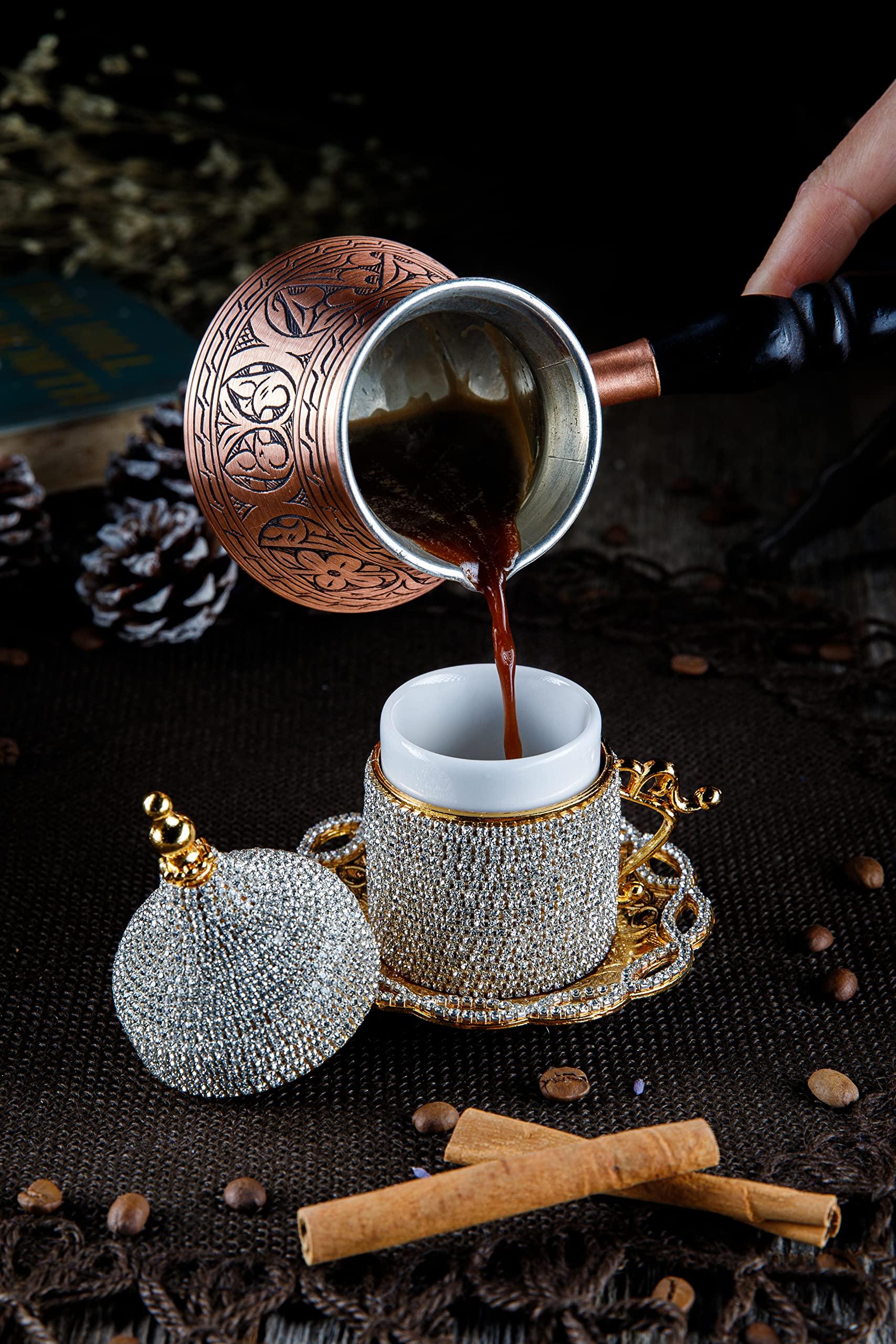 DEMMEX DEMMEX Turkish Coffee & Espresso Cup, Fancy Turkish Greek Arabic Coffee Cup with Inner Porcelain, Metal Holder, Saucer and Lid, Handmade with Crystals, 2 Oz - 60ml (Gold with Crystals)