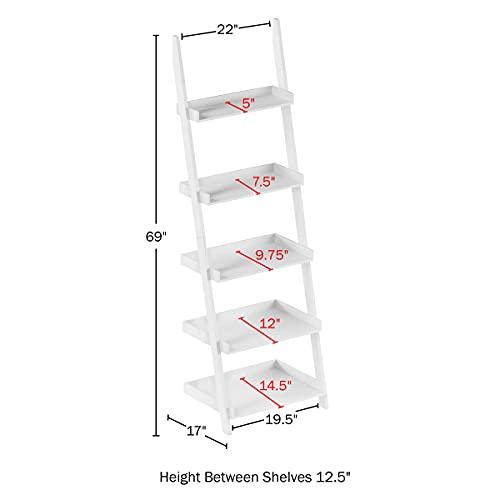 Lavish Home Lavish Home Bookshelf - 5-Tier Ladder Shelf with Leaning Look - Bookcase for Home Decor and Office Storage - Freestanding Book Shelves (White)