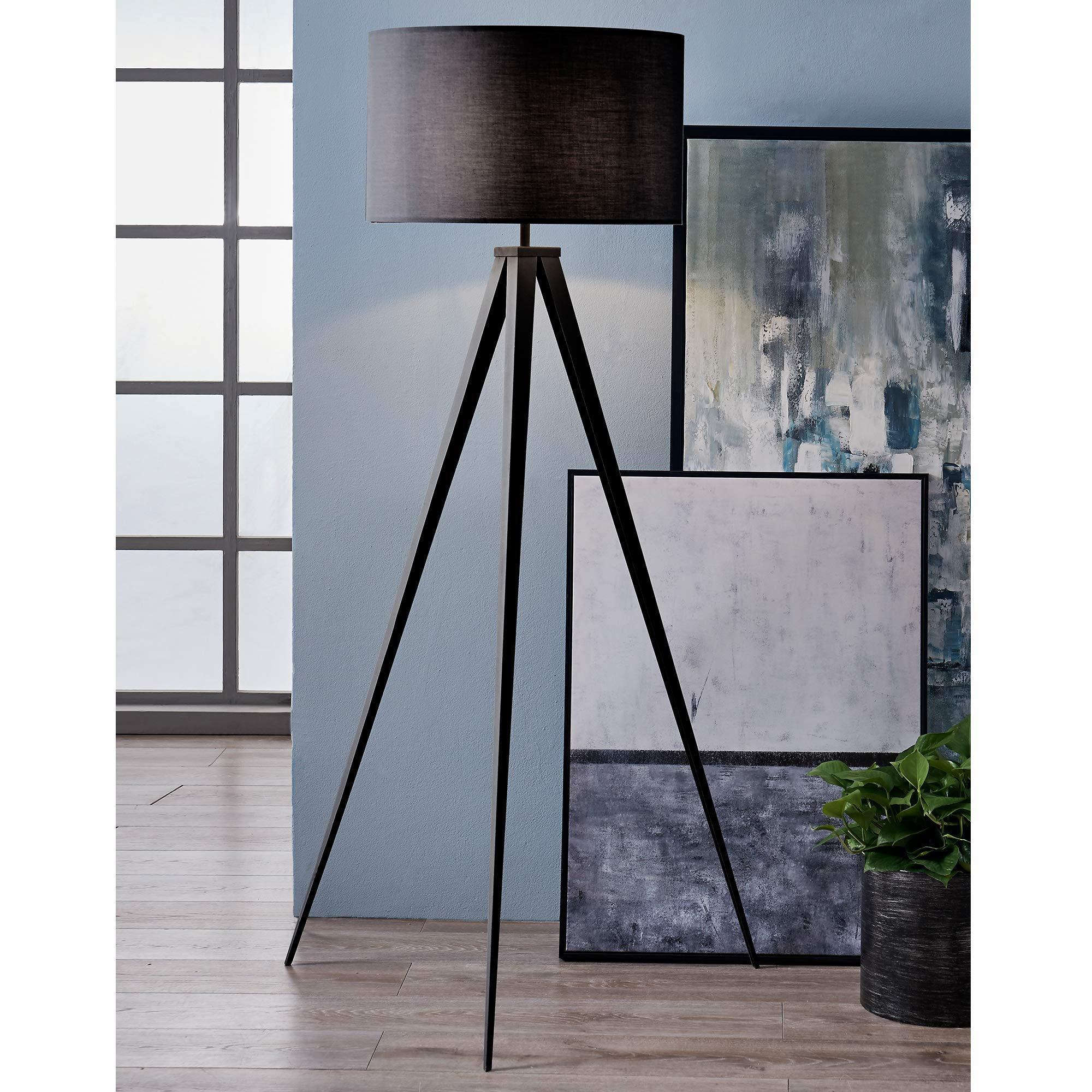 Teamson Home Versanora Romanza Modern LED Tripod Floor Lamp Tall Standing Light with Drum Shade Metal Legs for Living Room Study Reading Bedroom Home Office, 60 inch Height, Matte Black